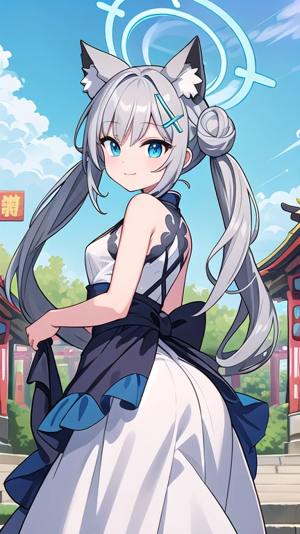 shiroko_bluearchive,beast ears,from behind,turn around, one girl with long twintail bun hair, skirtlift,looking at viewer, little smile,pure white chinese dress, flower pattern, sleeveless, outdoor, festival, temple, slim, dizzy, big-chest, wide hips, perfect waist, day atmosphere, hair ornament, standing, upper body,