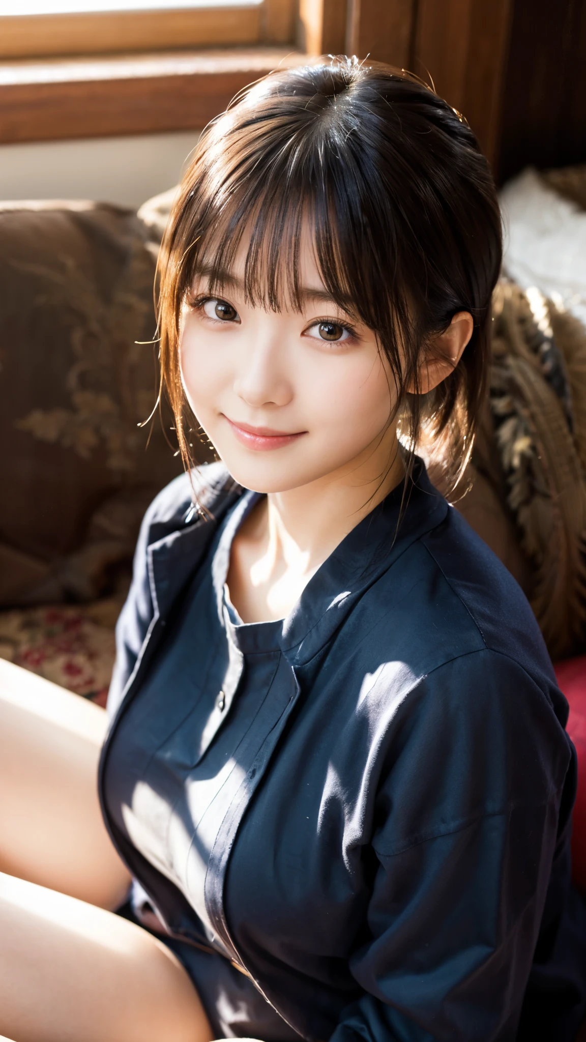 (highest quality,masterpiece:1.3,Ultra-high resolution),(Super detailed,Caustics,8k),(Photorealistic:1.4,RAW shooting),Inside the room,(girl sitting on the sofa),18-year-old,cute,Japanese,Short black hair,Big Breasts,Long sleeve sailor suit,(smile),Looking into the camera,(The warm spring sunshine shines in),(Bust up shot),Face Focus,Face close up,High angle,High Position,Natural light