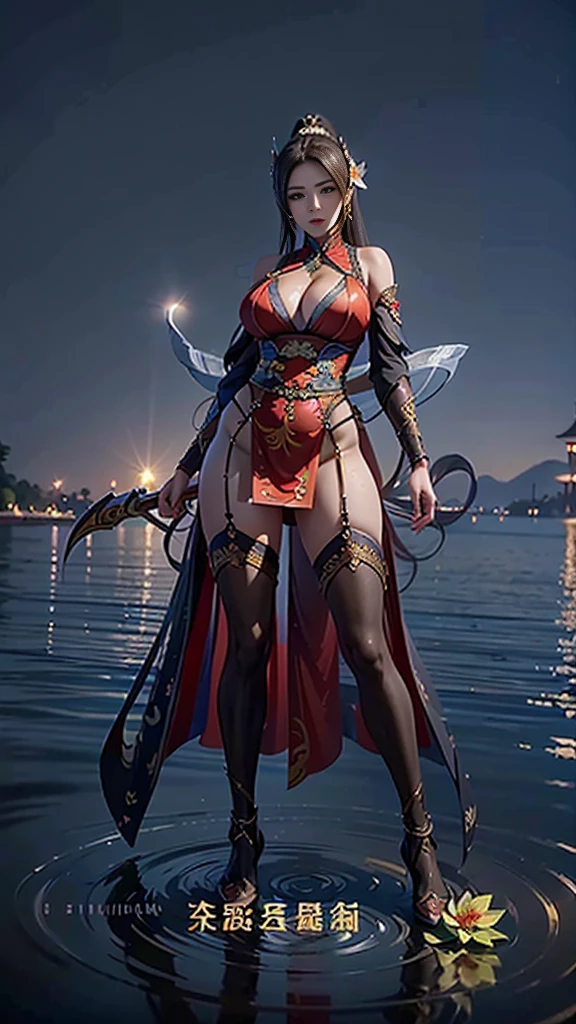 A woman in a red dress stands in the water，Holding a sword, Queen of the Sea Mu Yanling, full body xianxia, 《Genshin Impact》Keqing, Kushat Krenz criticizes women in art, author：Yang Jie, Onmyoji detailed art, 《Genshin Impact》Zhongli in, Irelia, yun ling, 绫香Genshin Impact冲击,((8k+Ultra-high resolution+Ultra HD+masterpiece+detailed)),(Perfect face+Supermodel+Delicate skin+high ponytail+Large Breasts),[[[muscle]]],(((anatomically correct))) ,(Huge breasts、Cleavage, cleveage、Big Ass、Thick thighs)), Perfect body、