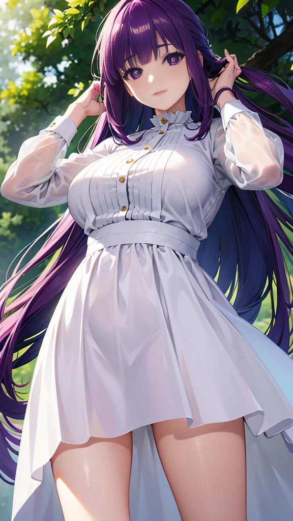 Super detailed, NSFW, masterpiece, High resolution, Photorealistic digital art, perfect lighting, (((1 girl, perfect anatomy))), accurate right hand, accurate left hand, five fingers, perfect style, Fern, big purple eyes, glossy lips, purple hair, shiny skin, smile, Pure white long sleeve blouse, pure white long skirt, (very long skirt), Not wearing underwear, Fluttering skirt, fluttering hair, (pussy line), Fantasy art, Up close shot, Focus on the groin,