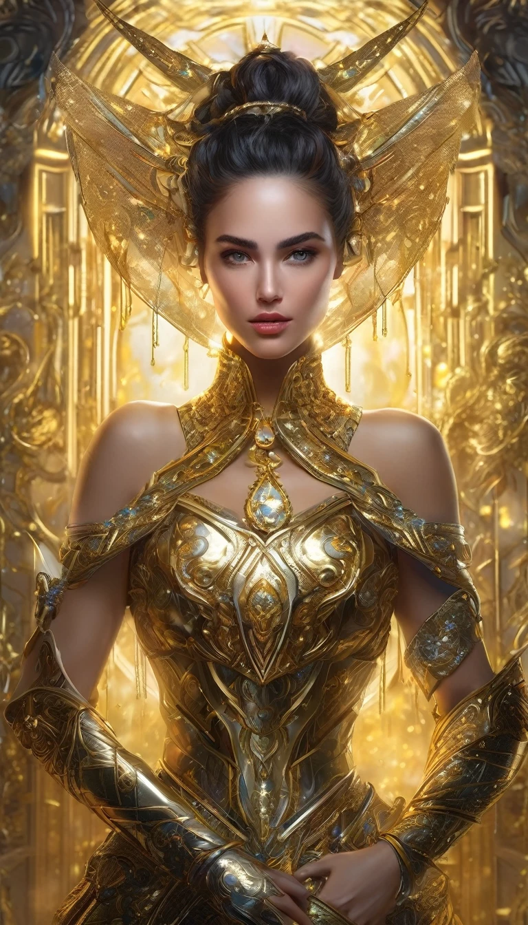 Mujer con un vestido dorado, True art station, Sitio de tormenta, detailed fantasy art, impresionante arte de personajes, Hermoso y exquisito arte de personajes., hermosa armadura dorada, extremadamente detallado, Chica con armadura brillante, Exquisitos tocados y joyas, Captura de cuerpo completo