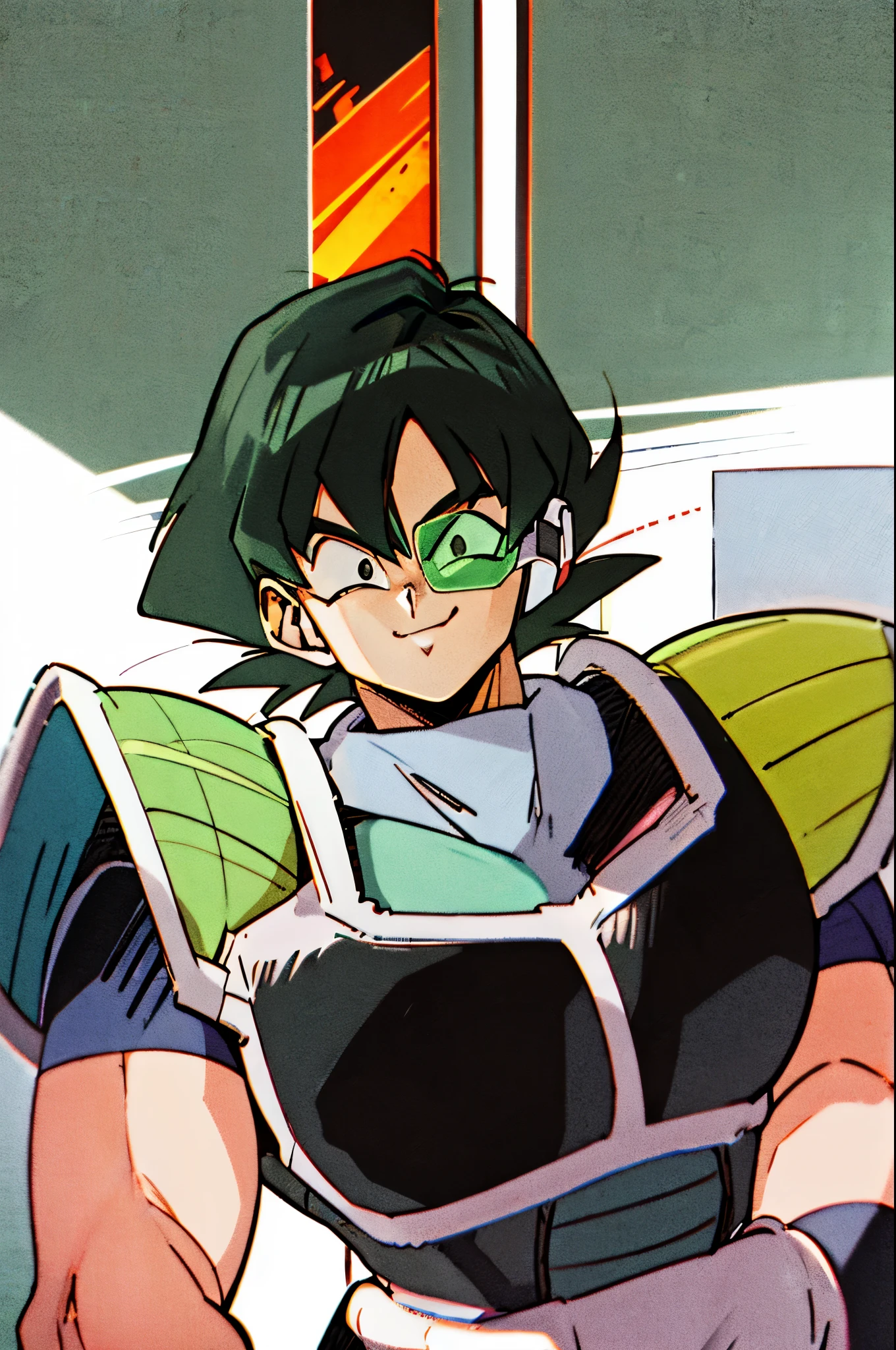 masterpiece, best quality, cel shaded, bright colors, 1boy, solo, male focus, portrait of saiyan warrior, young boy, short spiky hair, black hair, black eyes, smile, slight tan, Red Saiyan Scouter, Saiyan_Scouter, scouter, tinted eyewear, black saiyan armor, armor, looking at viewer, staring straight ahead, upper body shot, space background