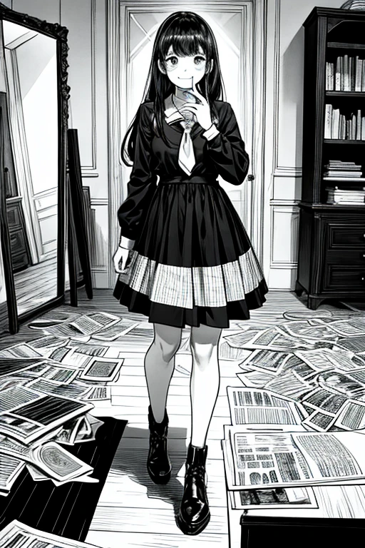 Imagen de estilo Manga. A girl laughing macabrely while looking in a full-length mirror and covering half her face with one hand. You can see the mess in his room and a newspaper on the floor. Tiene un uniforme de colegio de color negro. No lleva zapatos. Va de espaldas pero se ve su cara en el reflejo del espejo. The atmosphere of the room is sinister.