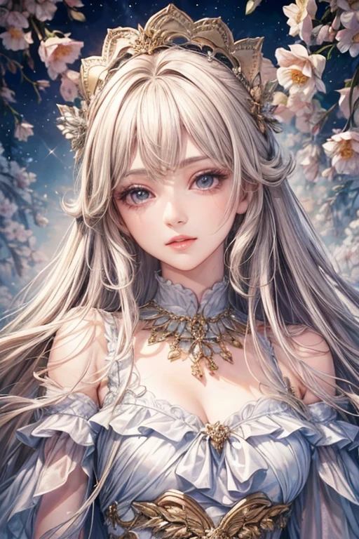 (highest quality,8k,CG),Upper body details, girl,Floral forest background,Complex facial features,Elegant long curly hair,large almond-shaped eyes,,Detailed eye makeup,Long eyelashes,Twinkling Star,Exquisite lip detail,Soft and harmonious style.