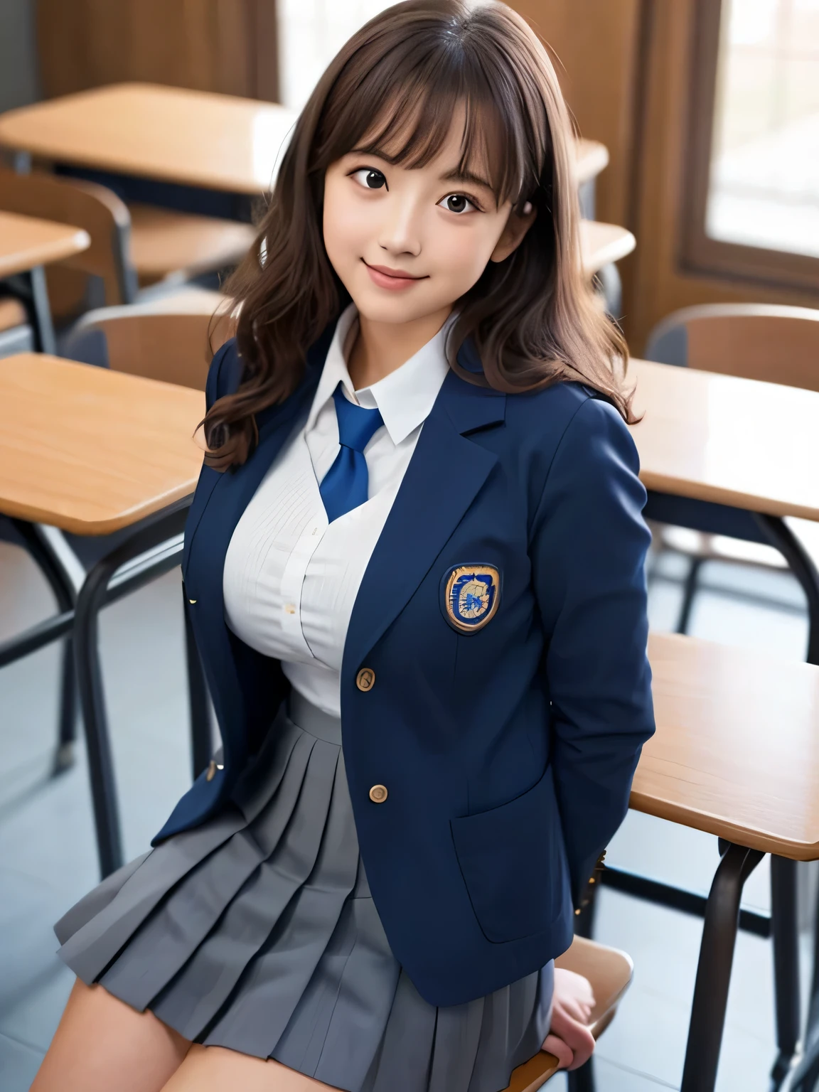 8k, highest quality, The true picture, Intricate details, Very detailed, Ultra-high resolution, Depth Field,(Realistic,Realistic:1.2), From the side, Very beautiful 17 year old girl, Big eyes, Beautiful breasts:1.5、Very detailedな目:1.2), (Beautiful breasts:1.1), (Large Breasts), Wavy Hair、Curly Hair、bangs, Perfect Skin, Fair skin, (Big Hips:1.3), (Thick thighs:1.3), (Thick legs:1.3), Tight waist, Slightly reddish, alone, Looking at the audience, (smile:1.1), ((School_uniform),(Dark Blue Blazer), (White shirt、Wear a tie), (Grey pleated skirt), (Sculptural installation :1.1), break, (During class:1.2), in a high school classroom, taking a seat