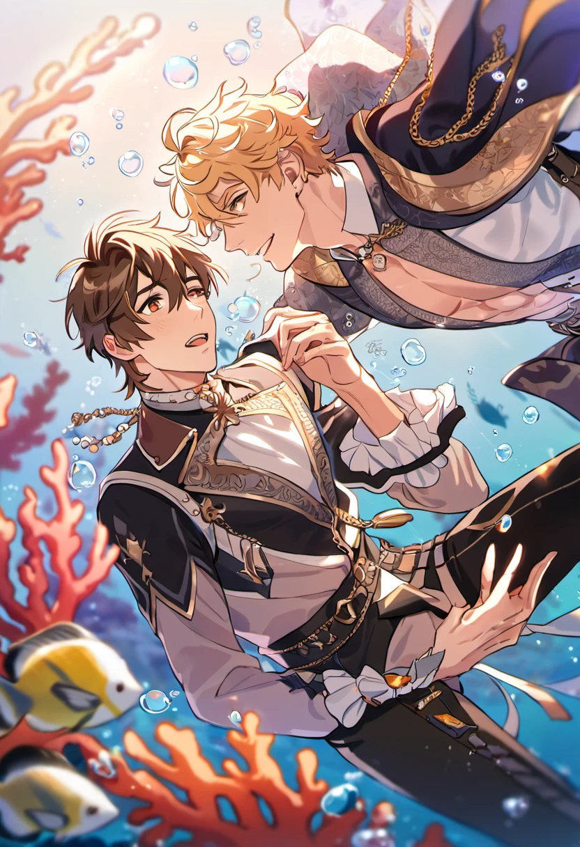 absurdres, highres, ultra detailed, HDR, master piece, best quality, Quincy, blond messy hair, expressive orange eyes, Nu Carnival, Eiden, brown hair, expressive brown eyes, 2men together, gay couple, handsome, fantasy black prince clothes, accessories, underwater, fish, coral, bubbles