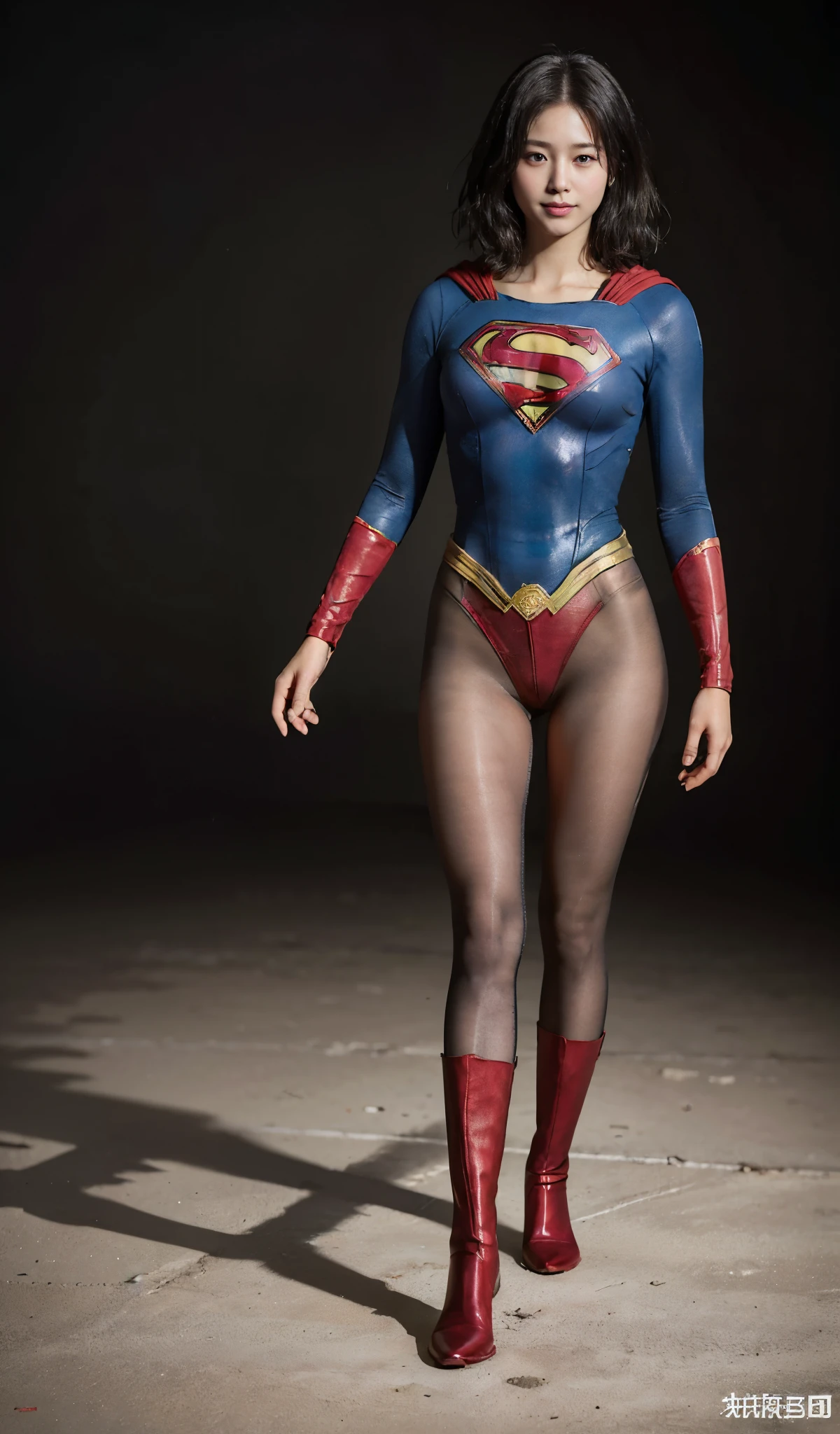 No background、(((Beautiful legs in black tights.)))、(((Legally express the beauty of your smile)))、((((Make the most of your original images)))、(((Supergirl Costume)))、(((beautiful short bob hair)))、(((suffering)))、(((Please wear black tights....、Wear red boots)))、((Best image quality、8K))、((highest quality、8K、masterpiece:1.3))、(((Preserve background )))、Sharp focus:1.2、Beautiful woman with perfect figure:1.4、Thin abdominal muscles:1.2、Wet body:1.5、Highly detailed face and skin texture、8K