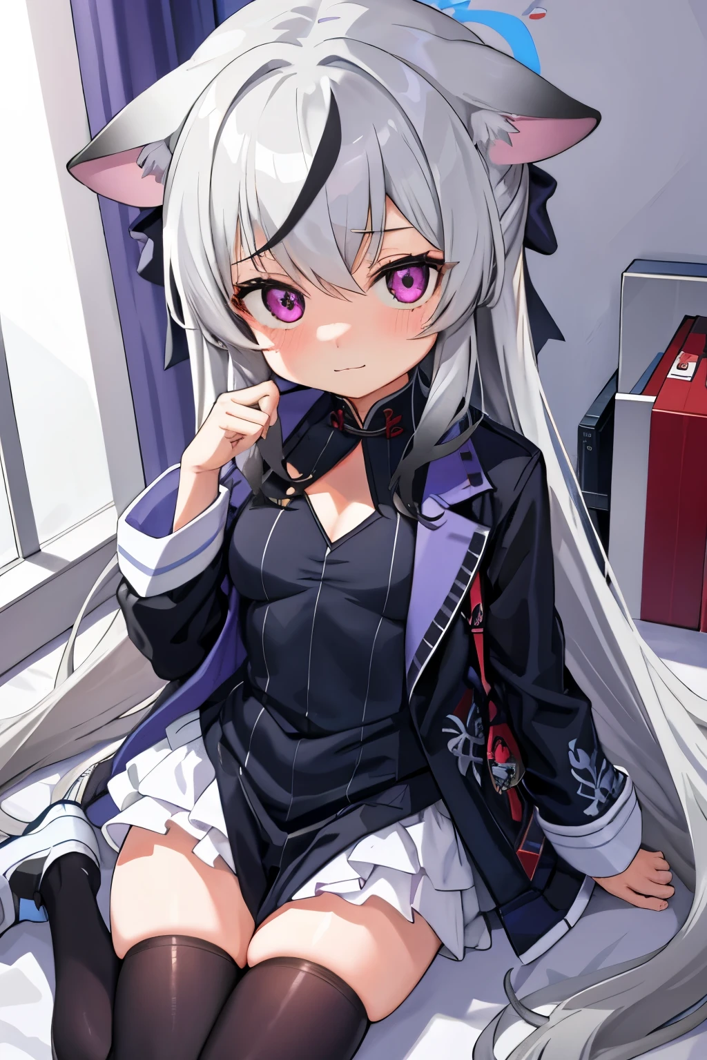 tmasterpiece, best qualtiy, ultra - detailed, 1girll,Gray hair Kokona, inside in room, Purple eye, :3,the face closeup cleavage, Winter suit, winter wonder