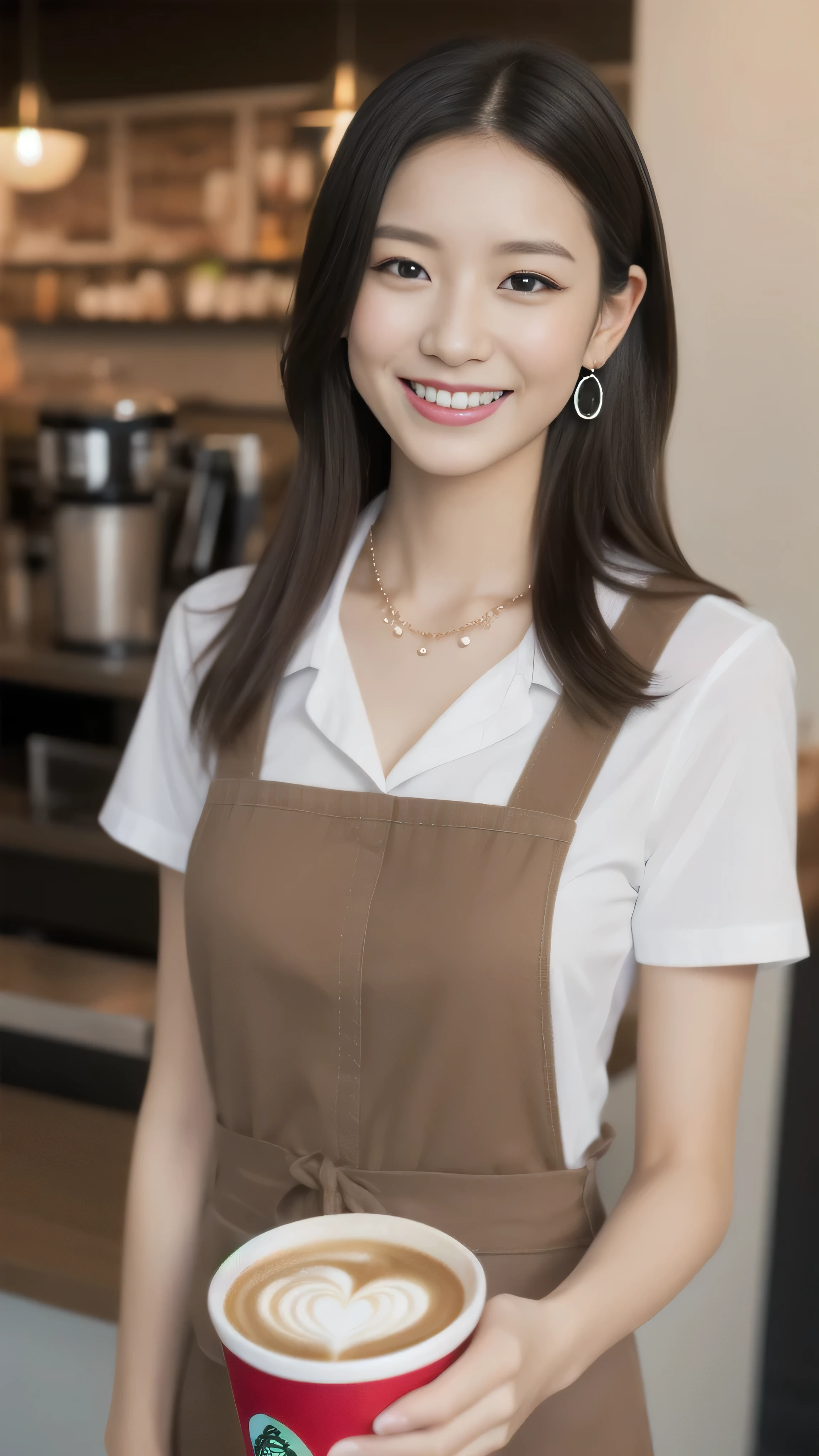 Hostess&#39;s face、Married women、Married Woman、Beauty、Starbucks Uniforms、high quality、Super Ultra Realistic、healthy、smile、tall、Perfect figure、Japanese Beauty、 necklace、Earrings、Perfect eyes, beautiful skin、Upper Body、looking at the camera、Making coffee at Starbucks