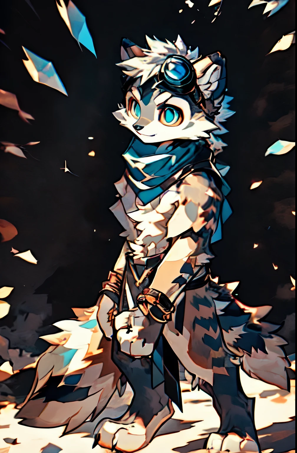 top quality, soft color, Vintage images, highres, High-quality illustrations, unparalleled masterpiece(movie of life)(furry anthro:1.7)absurd resolution (highly detailed beautiful face and eyes)perfect anatomy, expression, caustics, dynamic lighting, lens flare, deep shadow, dynamic angle, Solo, furry, teencoon, grey body, long brown spiked ponytail, Detailed body fur, long blue scarf, leather_harness, black_loincloth, goggles, masterpiece, gray body, Detailed face, big eyebrows, blue eyes, detailed eyes, No muscles, Detailed hands, Flat body, Skinny, Detailed paws, metal cuffs on wrists, metal cuffs on ankles, no shirt, no underwear, action