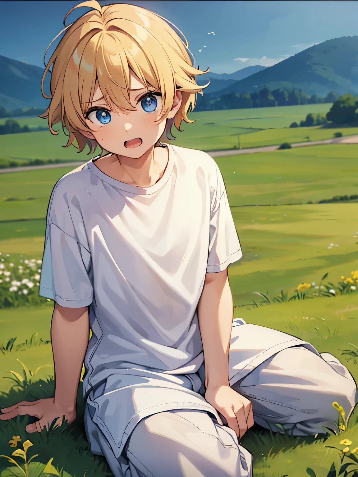 Boy, shocked expression, eyes bulging, mouth open, teeth showing,Blue eyes