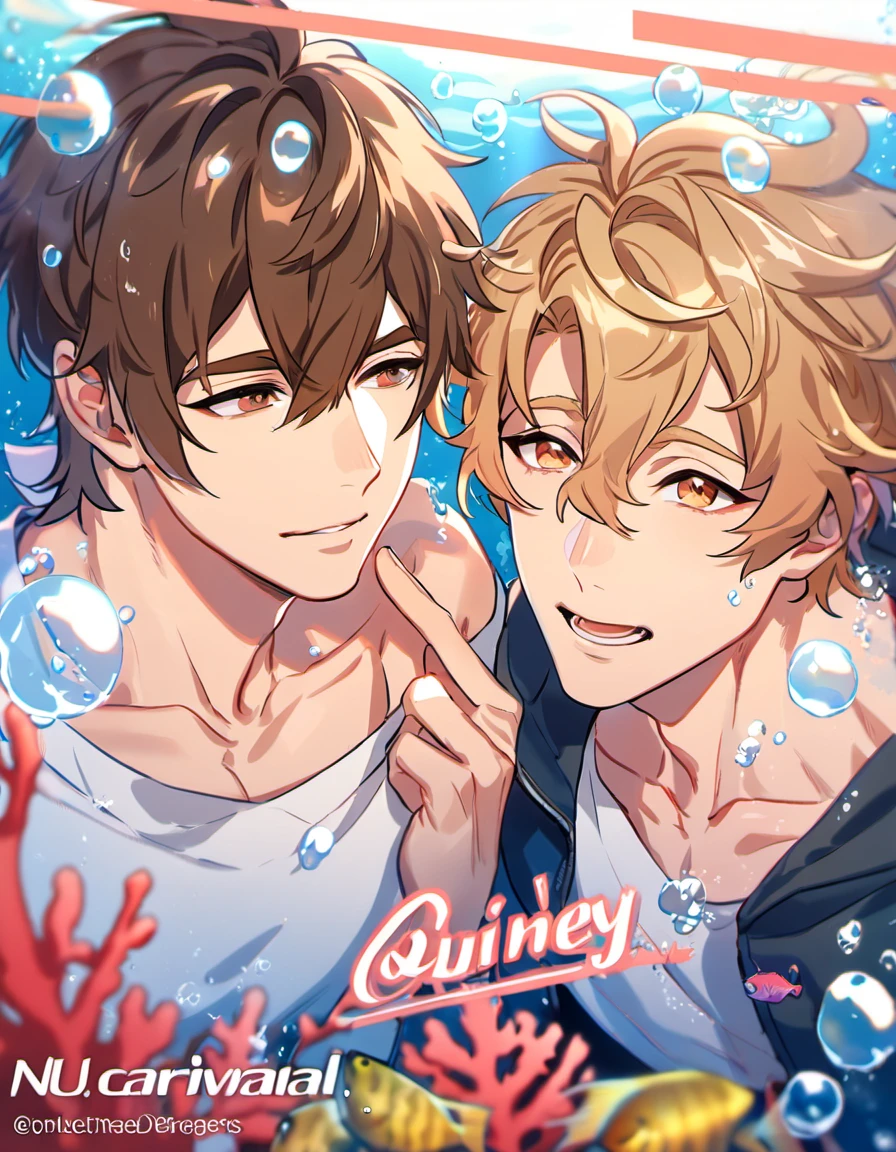 absurdres, highres, ultra detailed, HDR, master piece, best quality, Quincy, blond messy hair, expressive orange eyes, Nu Carnival, Eiden, brown hair, expressive brown eyes, 2men together, gay couple, handsome, underwater, fish, coral, bubbles