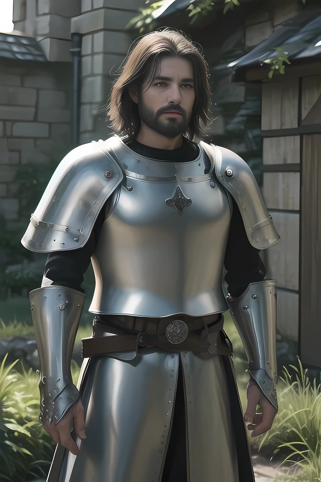 Swordsman in shining armor, clad in medieval attire, meticulously crafted plate mail, sweat dripping down his chiseled Features, Muscular build, Sword in hand, sharp focus, Intense gaze, Detailed face and scruffy beard, Calloused hands, Shimmering metallic armor, Rustic texture, Authentic leather accessories, Gleaming silver sword, Epic pose, Majestic setting, Sun setting behind, Open landscape, Wild grass waves, Noble expression, 1 man, Warrior, Brave, Battle-Hardened.

(medieval setting:1.3) (knight:1.3) (rustic:1.4)