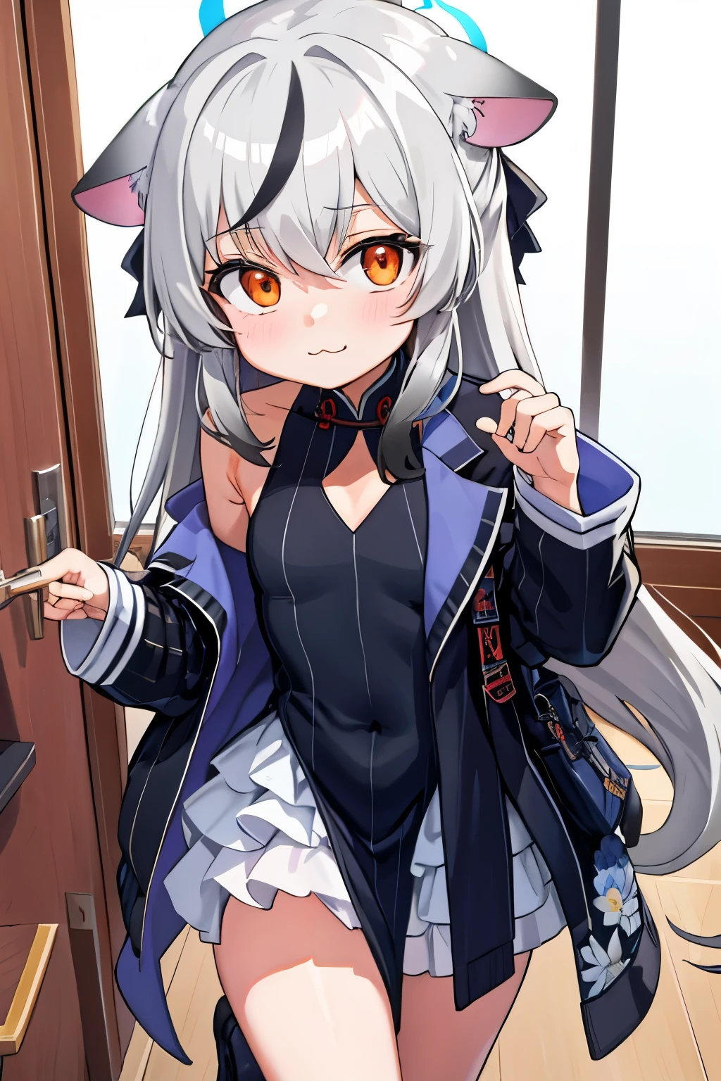 tmasterpiece， best qualtiy， ultra - detailed， 1girll，Gray hair Kokona， inside in room， Orange eye， ：3，the face,  closeup cleavage,  Winter suit, winter wonder