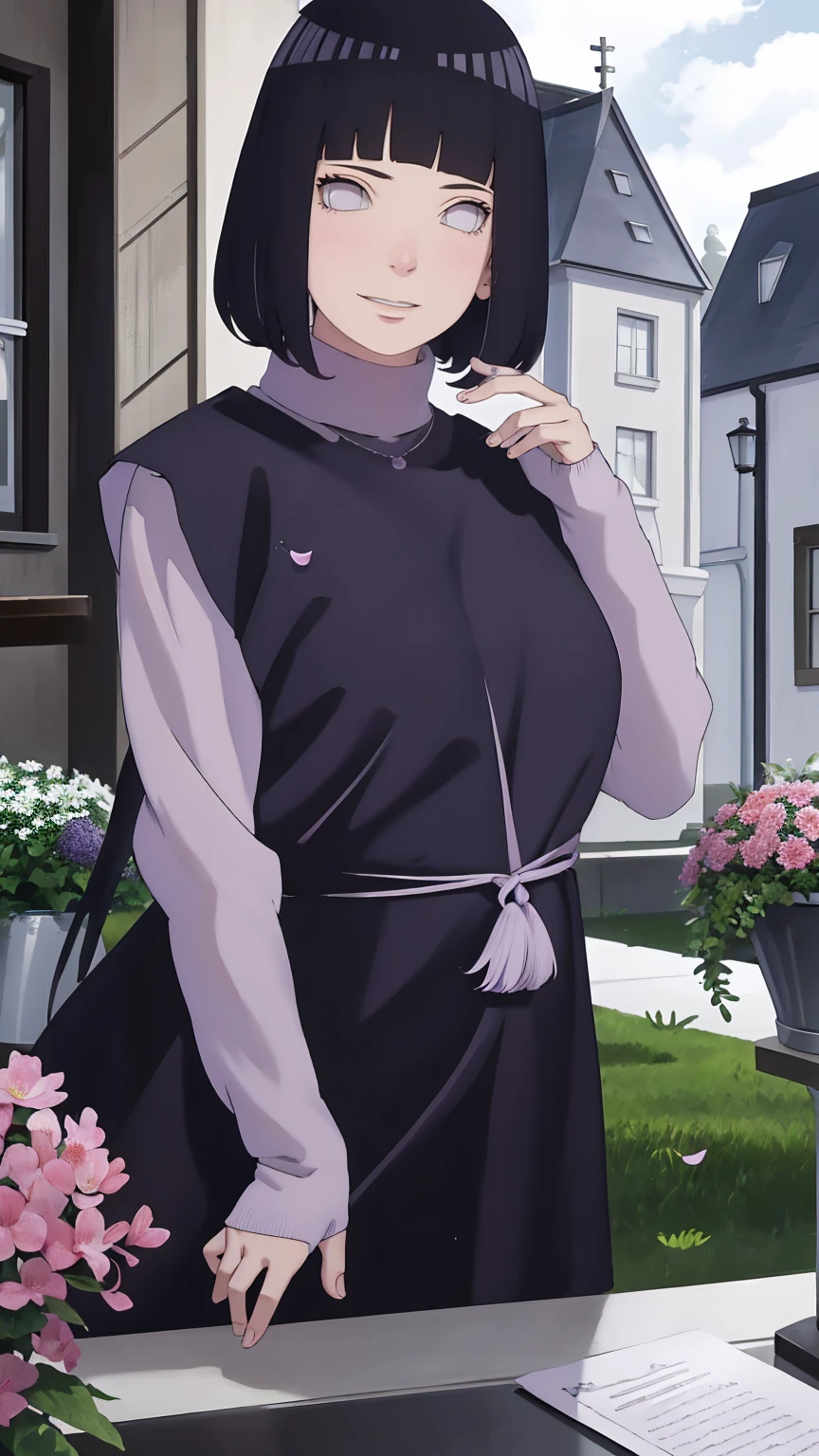 Meisterwerk, absurdres, Hinata\(Boruto\), 1girls, nur,reifes Weibchen, lila Kapuzenpullover,layered sleeves, braune Hose, al fresco,Lavendelblütenfeld, Blick auf den Betrachter, (falling petals), overcast sky, Perfekte Komposition, Detaillierte Lippen, large chest, Beautiful face, Body Propotion, flush, (rosa Lippen), Lange Haare, lila Augen, Sanfter Blick, sad smile, Super realistisch, Detailliert, Fotoshooting, Realistic face and body, Realistisches Haar, Realistische Augen, realistische Nase, Realistische Lippen, delicate smile