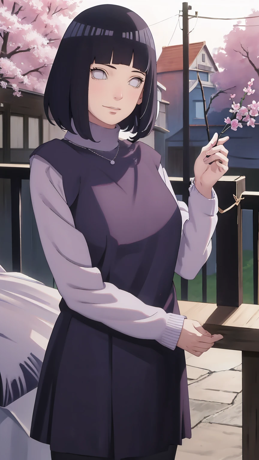 Meisterwerk, absurdres, Hinata\(Boruto\), 1girls, nur,reifes Weibchen, lila Kapuzenpullover,layered sleeves, braune Hose, al fresco,Lavendelblütenfeld, Blick auf den Betrachter, (falling petals), overcast sky, Perfekte Komposition, Detaillierte Lippen, large chest, Beautiful face, Body Propotion, flush, (rosa Lippen), Lange Haare, lila Augen, Sanfter Blick, sad smile, Super realistisch, Detailliert, Fotoshooting, Realistic face and body, Realistisches Haar, Realistische Augen, realistische Nase, Realistische Lippen, delicate smile
