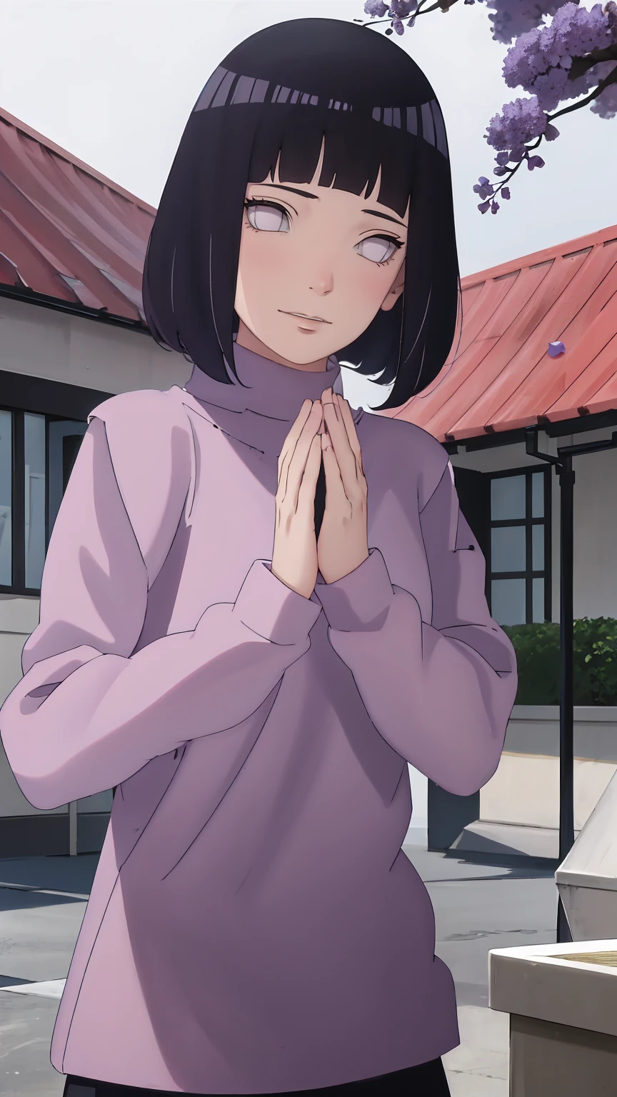 Meisterwerk, absurdres, Hinata\(Boruto\), 1girls, nur,reifes Weibchen, lila Kapuzenpullover,layered sleeves, braune Hose, al fresco,Lavendelblütenfeld, Blick auf den Betrachter, (falling petals), overcast sky, Perfekte Komposition, Detaillierte Lippen, large chest, Beautiful face, Body Propotion, flush, (rosa Lippen), Lange Haare, lila Augen, Sanfter Blick, sad smile, Super realistisch, Detailliert, Fotoshooting, Realistic face and body, Realistisches Haar, Realistische Augen, realistische Nase, Realistische Lippen, delicate smile
