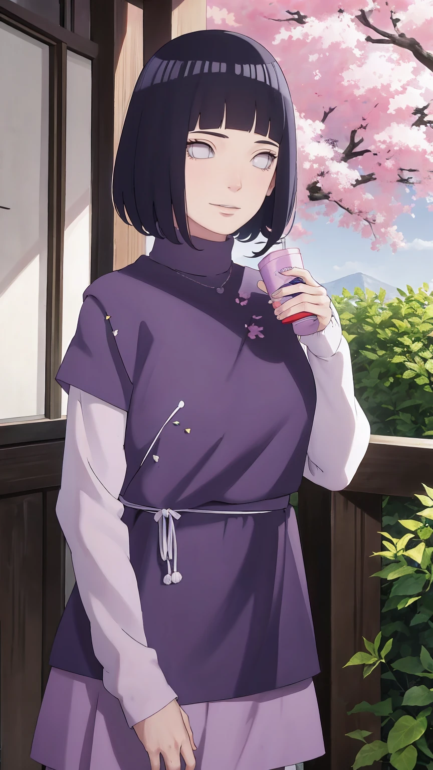 Meisterwerk, absurdres, Hinata\(Boruto\), 1girls, nur,reifes Weibchen, lila Kapuzenpullover,layered sleeves, braune Hose, al fresco,Lavendelblütenfeld, Blick auf den Betrachter, (falling petals), overcast sky, Perfekte Komposition, Detaillierte Lippen, large chest, Beautiful face, Body Propotion, flush, (rosa Lippen), Lange Haare, lila Augen, Sanfter Blick, sad smile, Super realistisch, Detailliert, Fotoshooting, Realistic face and body, Realistisches Haar, Realistische Augen, realistische Nase, Realistische Lippen, delicate smile