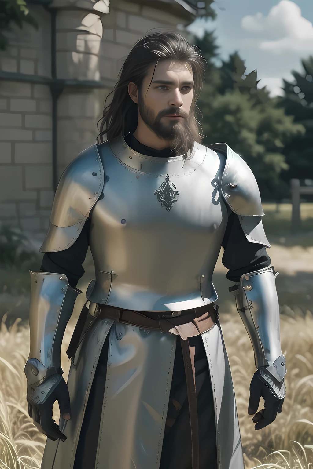 Swordsman in shining armor, clad in medieval attire, meticulously crafted plate mail, sweat dripping down his chiseled Features, Muscular build, Sword in hand, sharp focus, Intense gaze, Detailed face and scruffy beard, Calloused hands, Shimmering metallic armor, Rustic texture, Authentic leather accessories, Gleaming silver sword, Epic pose, Majestic setting, Sun setting behind, Open landscape, Wild grass waves, Noble expression, 1 man, Warrior, Brave, Battle-Hardened.

(medieval setting:1.3) (knight:1.3) (rustic:1.4)
