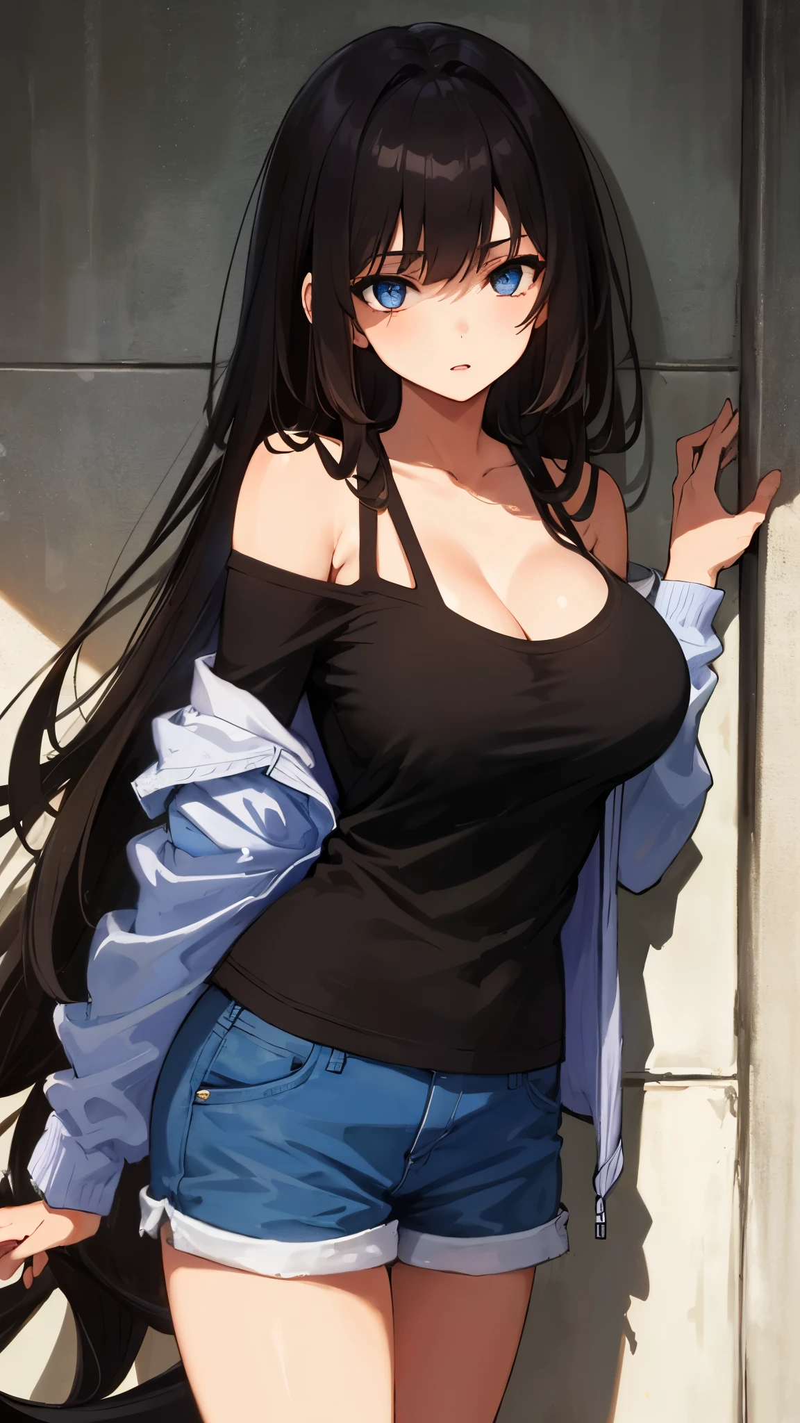(masterpiece, highest quality, Very detailed, Best Shadow), (Beautifully detailed face), High Contrast,1girl,only,Dark brown hair,Straight Long Hair,Side Tail,Blue, clear eyes,Upper Eye,Shorts, Off the shoulder, Exposing shoulders, Open jacket,She has big breasts,whole body,20generation