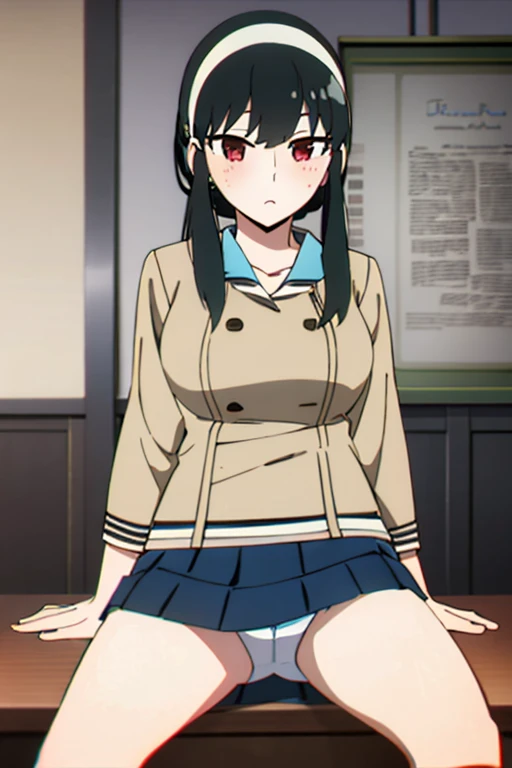 Browsing Caution,(masterpiece, highest quality: 1.2), alone, 1 girl, alone, panties,,black,Sailor suit,blazer,love juice,Spread your legs,((Skirt flip)),(((panties))),your heather, かなりEmbarrassing,blush, View your viewers, Long black hair, head band, Earrings, Big Breasts, Medium Waist, Medium Hips, wide thighs, Embarrassing, charm, Good move...., Excellent anatomy,panties,classroom,,Sailor suit,blazer,