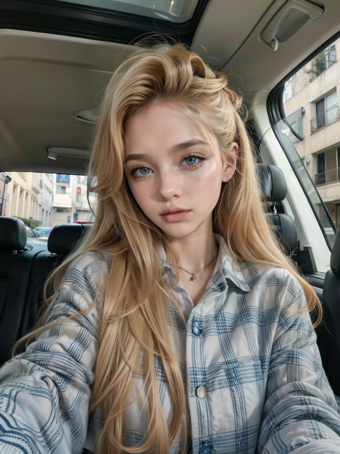 Mujer rubia con ojos azules y una camisa a cuadros en un coche., long cabello rubio y ojos grandes, pelo largo y rubio y ojos grandes, cabello rubio y ojos grandes, retrato de kim petras, con pelo largo y rubio, 2 4 old female model, pale skin curly blonde hair, ava max, pelo largo y rubio y ojos azules, una chica con cabello rubio, Nix von Beiar from TikTok