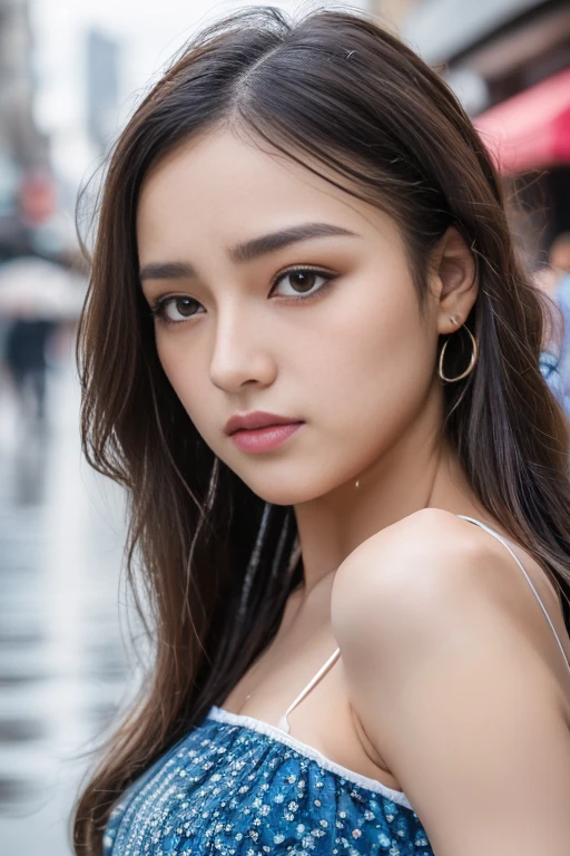 ((best quality, 8k, masterpiece: 1.3)), Key Points: 1.2, Perfect body beauty: 1.4, Hips: 1.2, (Layered Hairstyle: 1.2)), (rain, street:1.3), Highly detailed face and skin texture, Beautiful eyes, Double eyelids, Skin Whitening, Long hair, (Round Face: 1.5), Sweet_Lolita