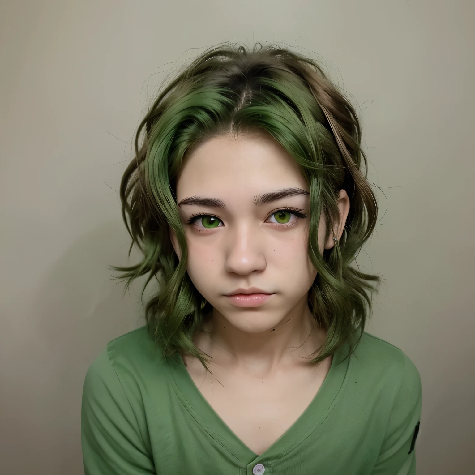 Crea un Chico de anime 2d moreno con ojos verdes y cabello rizado