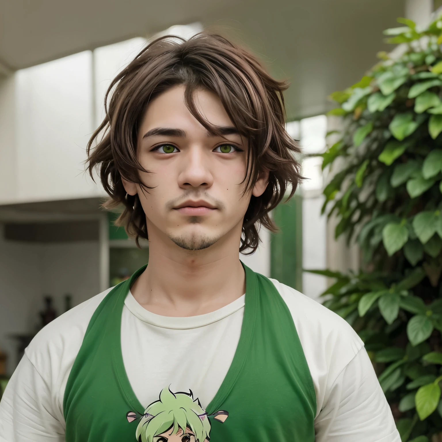 Crea un Chico de anime 2d moreno con ojos verdes y cabello rizado