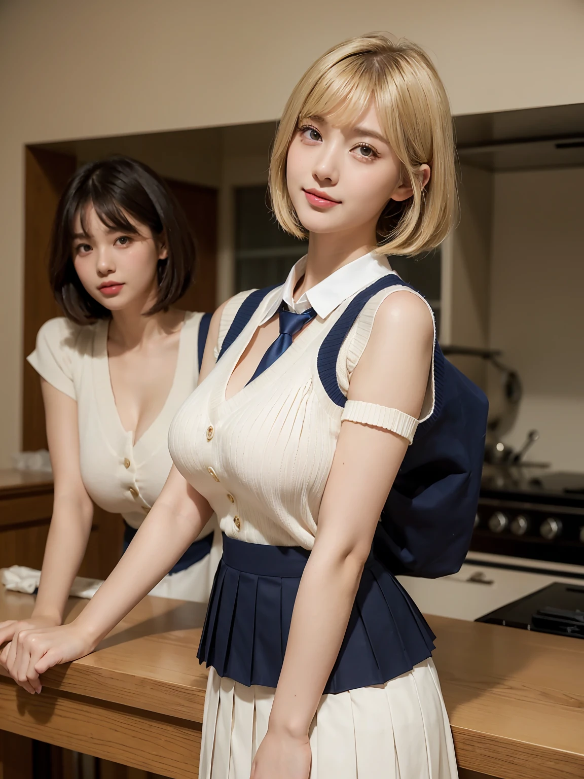 (masterpiece:1.2, best quality), (Practical, photoPractical:1.4), Fine quality illustrations, (Natural side light, Movie Lighting), Writing border depth,
Looking at the audience, (Face focus, Upper Body), Front view, 1 girl, English, High school girl, 15 years old, Perfect face, cute symmetrical face, Glowing skin, (Huge breasts、Cleavage, cleveage、Big Ass、Thick thighs)), Perfect body、
(Bob Hairstyle:1.7,Blonde), Asymmetrical bangs, big eyes, Drooping eyes, Long eyelashes chest), Thin,
beautiful hair, Pretty Face, beautiful eyes, Beautiful clavicle, Beautiful Body, Beautiful breasts, Beautiful thighs, Beautiful Feet, Beautiful fingers,
((Delicate fabric texture, Brown knitted vest, Short sleeve white collar shirt, Navy blue pleated skirt, Navy tie)),
(Beautiful scenery), night, (Inside the flower shop), Standing, (Smile, Upper grades, open mouth), (((skirt lift, I can see yours))),