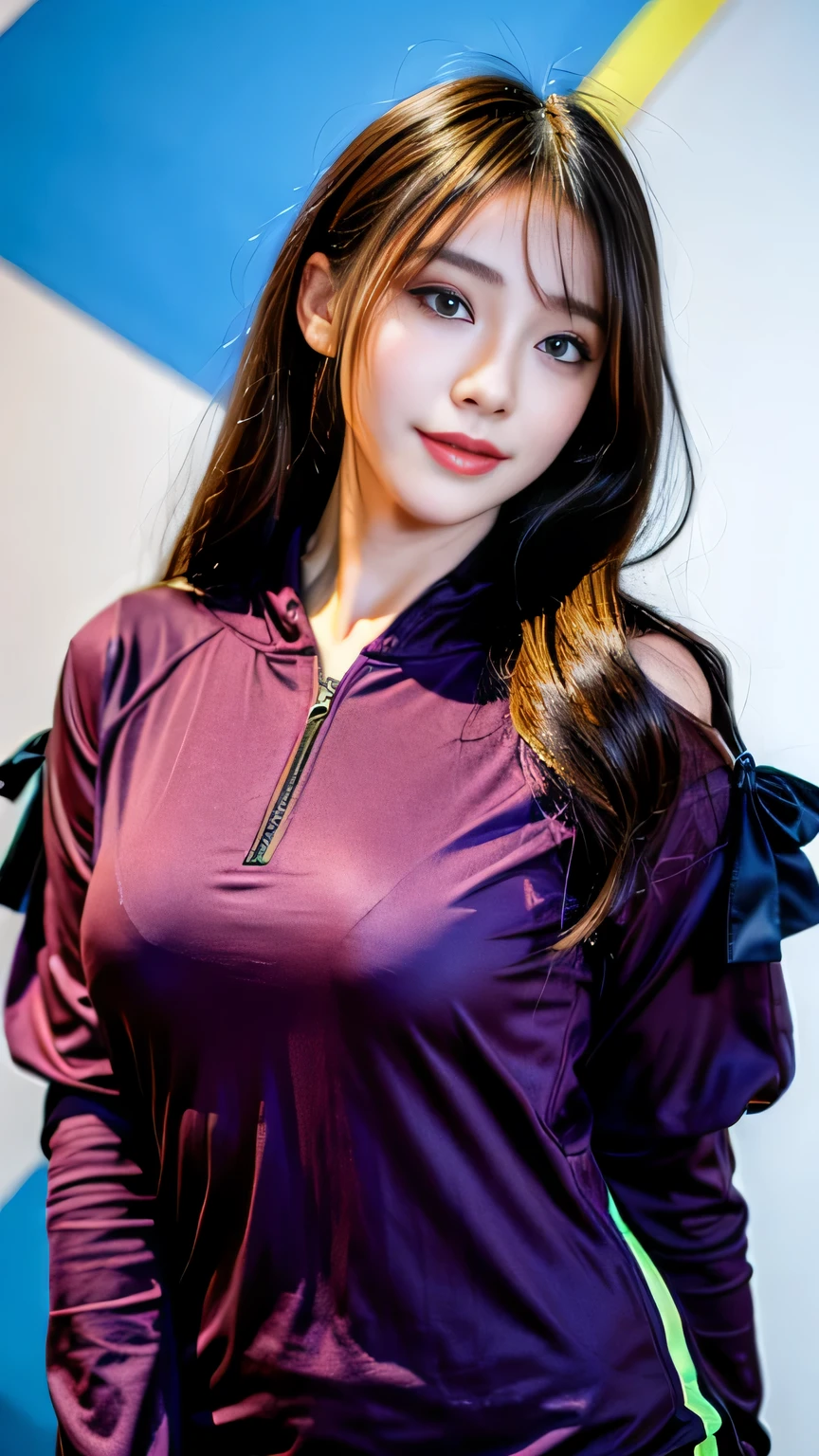 ((highest quality, 8K, masterpiece: 1.3)), concentrated: 1.2, Cute girl 1,nipples erect、Braless walk、 Perfect beauty: 1.4,hoodie: 1.2,Long sleeve、randal color、comics＆Text Graphics、Black ruffle-trimmed drawstring zip blouse,1.1, Highly detailed face and skin textures, Fine grain, double eyelid, whitening skin, ,highest quality,Ultra-high resolution,you,1 girl,alone,_Shiny_skin,Iris,necklace,((Brown_length_Wavy_hair)),(lips)),eyelash,Front hair,deal with,compensate,Shiny,pore,skin texture,big breasts、smiling face、living、