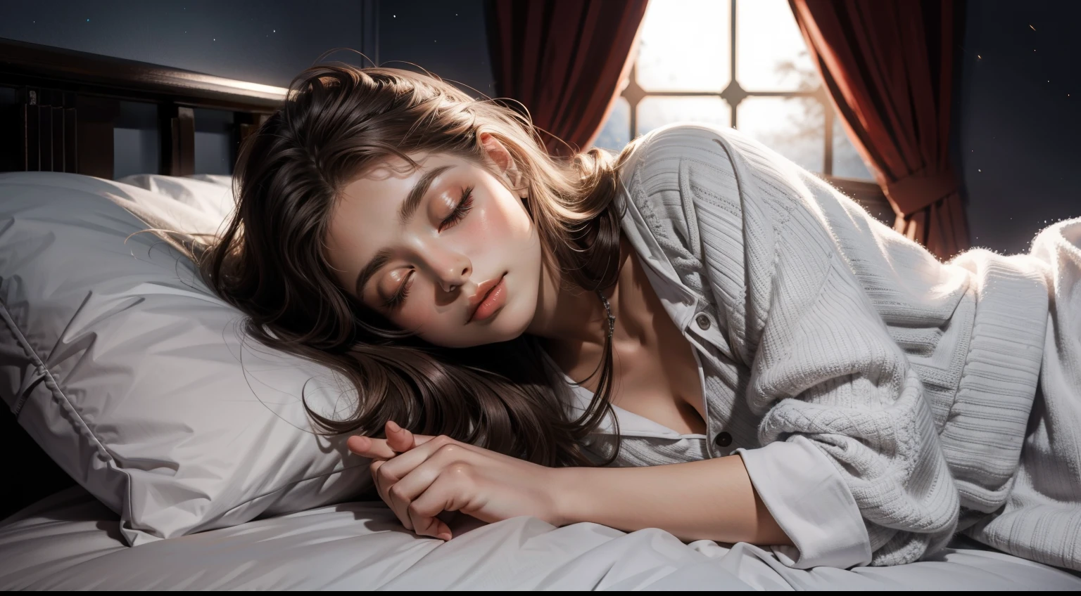 Sleeping teenage girl posing on a white bed, put your head on the pillow, Dark night sky in mountain cave, Turn of Light, Lights on, 22 years old, Ultra-realistic, She is wearing pajamas, brown hair. Perfect hands and perfect fingers.