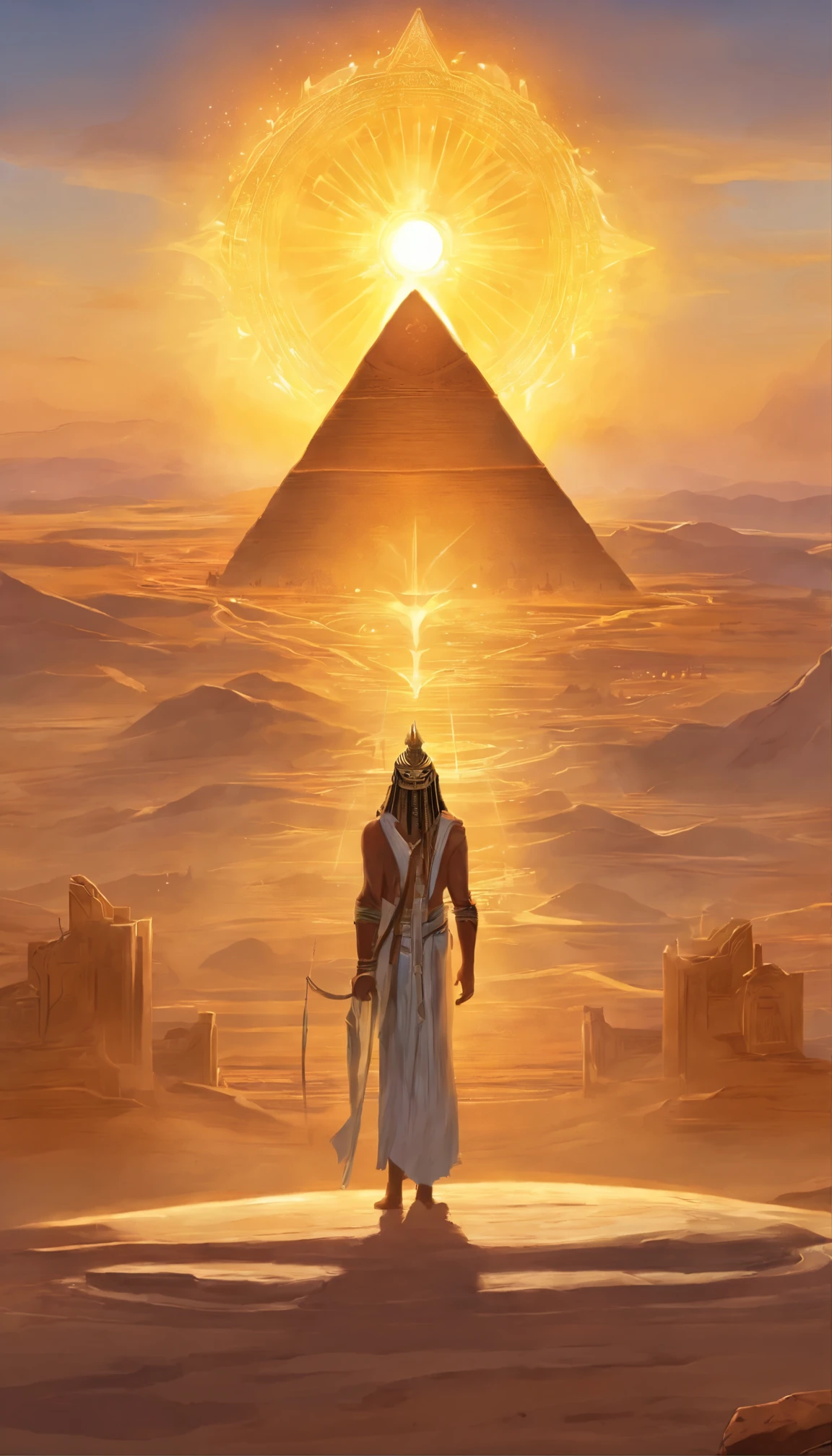 An artistically detailed representation of Ra, the Egyptian sun god, standing atop a pyramid, arms outstretched, with rays of light emanating from his body, illuminating the surrounding landscape. In the background, the sun rises over the horizon, casting golden hues across the desert sands. Hieroglyphs depicting symbols of power and authority adorn the base of the pyramid. Ra's eyes glow with divine energy as he uses his powers to control the sun and bring light to the world.