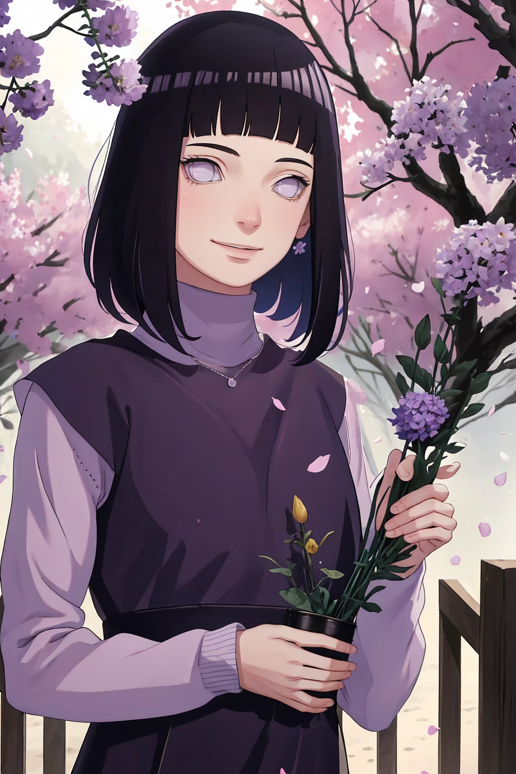 Meisterwerk, absurdres, Hinata\(Boruto\), 1girls, nur,reifes Weibchen, lila Kapuzenpullover,layered sleeves, braune Hose, al fresco,Lavendelblütenfeld, Blick auf den Betrachter, (falling petals), overcast sky, Perfekte Komposition, Detaillierte Lippen, large chest, Beautiful face, Body Propotion, flush, (rosa Lippen), Lange Haare, lila Augen, Sanfter Blick, sad smile, Super realistisch, Detailliert, Fotoshooting, Realistic face and body, Realistisches Haar, Realistische Augen, realistische Nase, Realistische Lippen, delicated smile