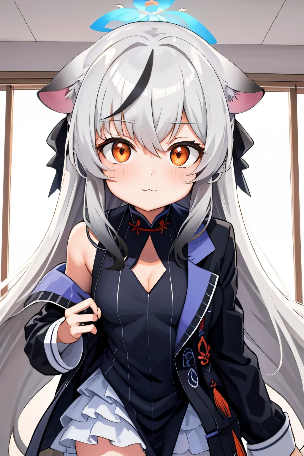 tmasterpiece， best qualtiy， ultra - detailed， 1girll，Gray hair Kokona， inside in room， Orange eye， ：3，the face,  closeup cleavage,  Winter suit, winter wonder