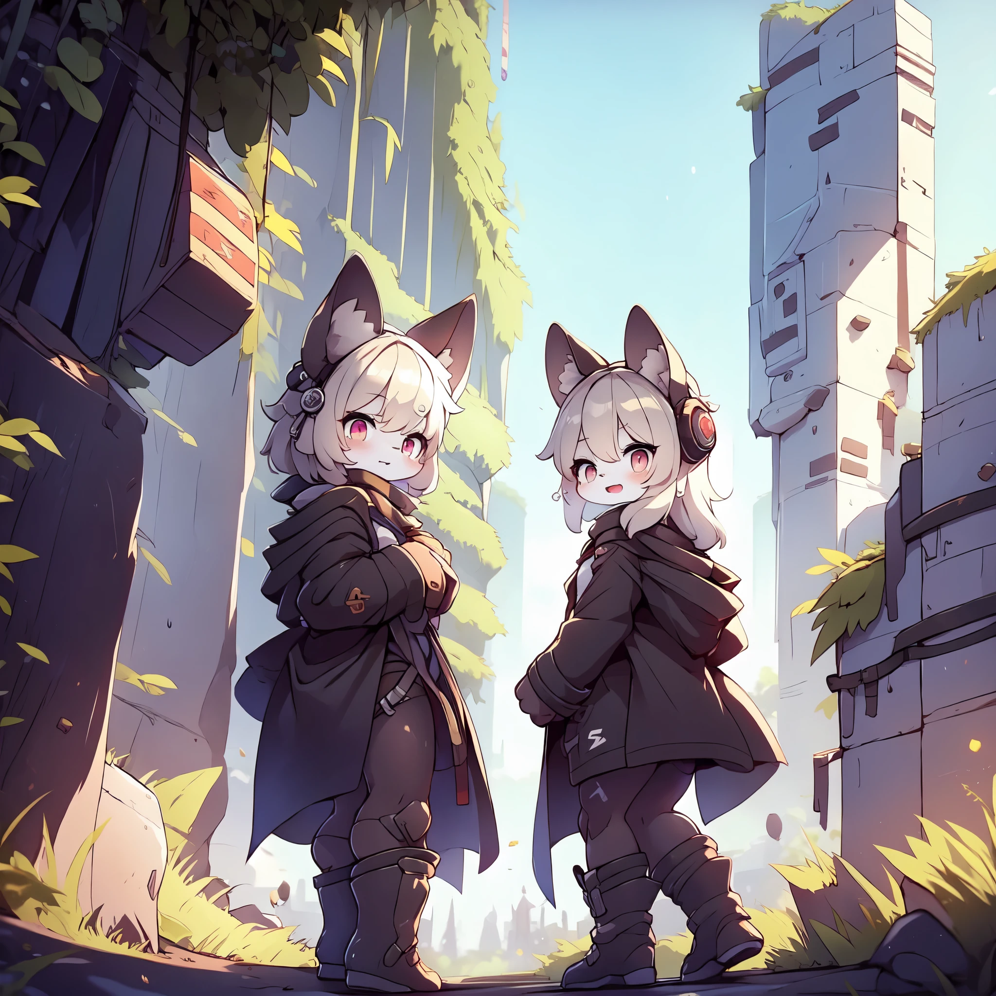 Kawaii, Striped Fluffy Fox, emaciated, long hair, 3girls, Deserted city with ruins and snow at night cold weather, artificial synthetic skin, life support prosthetics, digital headphones, black tight latex bodysuit, white long dress, thigh-high-socks, shorts, loose off-the-shoulder hood open jacket, holsters in thigh, Mechanical boots, tactical knee pads, tactical belted loose Arm Sleeves, division, cybernetic Display gloves, chest rigs, tactical belts, blue archive halo, bulletproof goggles on forehead, from Ark nights,