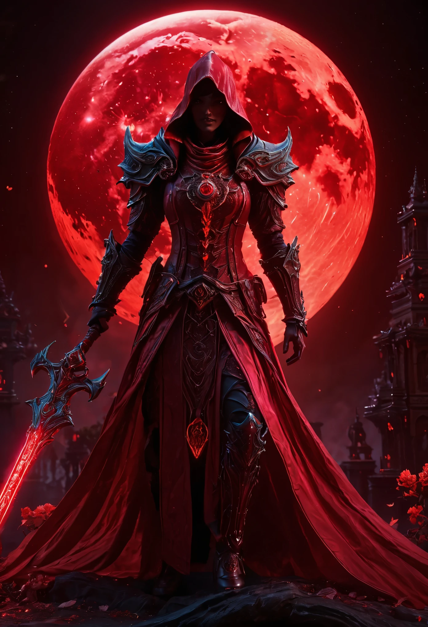 Red Necromancer, Blood Moon, Ray Tracing, masterpiece, highest quality, super high quality, 不条理なdetailed, best Light, Best Shadow, sharp, sharp image, detailed, extremely detailed, Amazing resolution, 8k, 4K, Ultra-high resolution, Particle Effects, Beautiful Effects, Vibrant colors, neon Light, neon, Light,