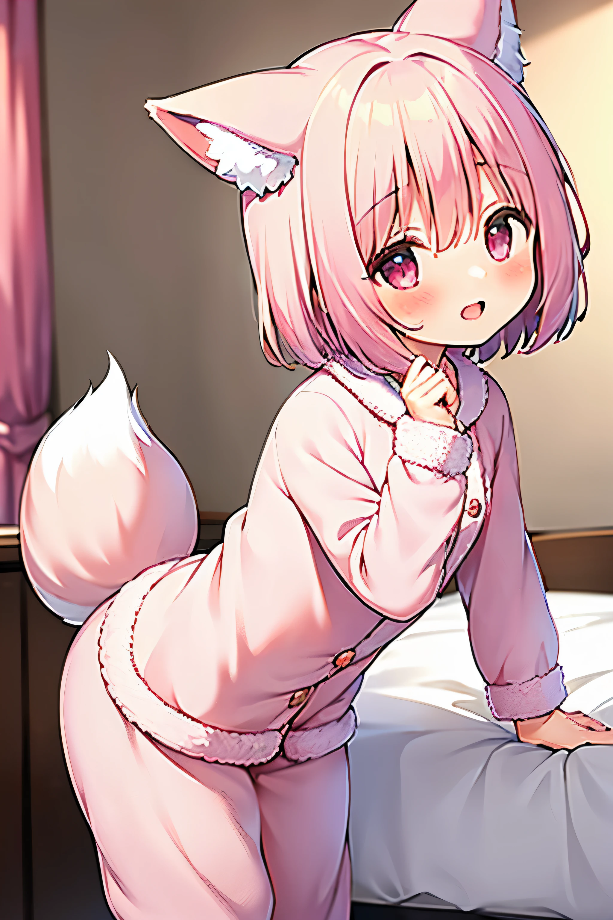 (((masterpiece))), (((最high quality))), (((high quality))), (((beautiful))), (((8K))), (((High resolution)) (((超High resolution))), (((High resolution))), (Pink Short Hair:1.3), (Pink fox tail:1.4), (Pink fox tail:1.2), Pink fox ears with white tips, (Pink Eyes), Small breasts, (Cowboy Shot:1.3), (laughing:1.3), (bedroom), (Pink long sleeve pajamas:1.2), (Long pants in pajamas:1.2), (On a white bed:1.3), (look up:1.4), (Leaning forward:1.5)
