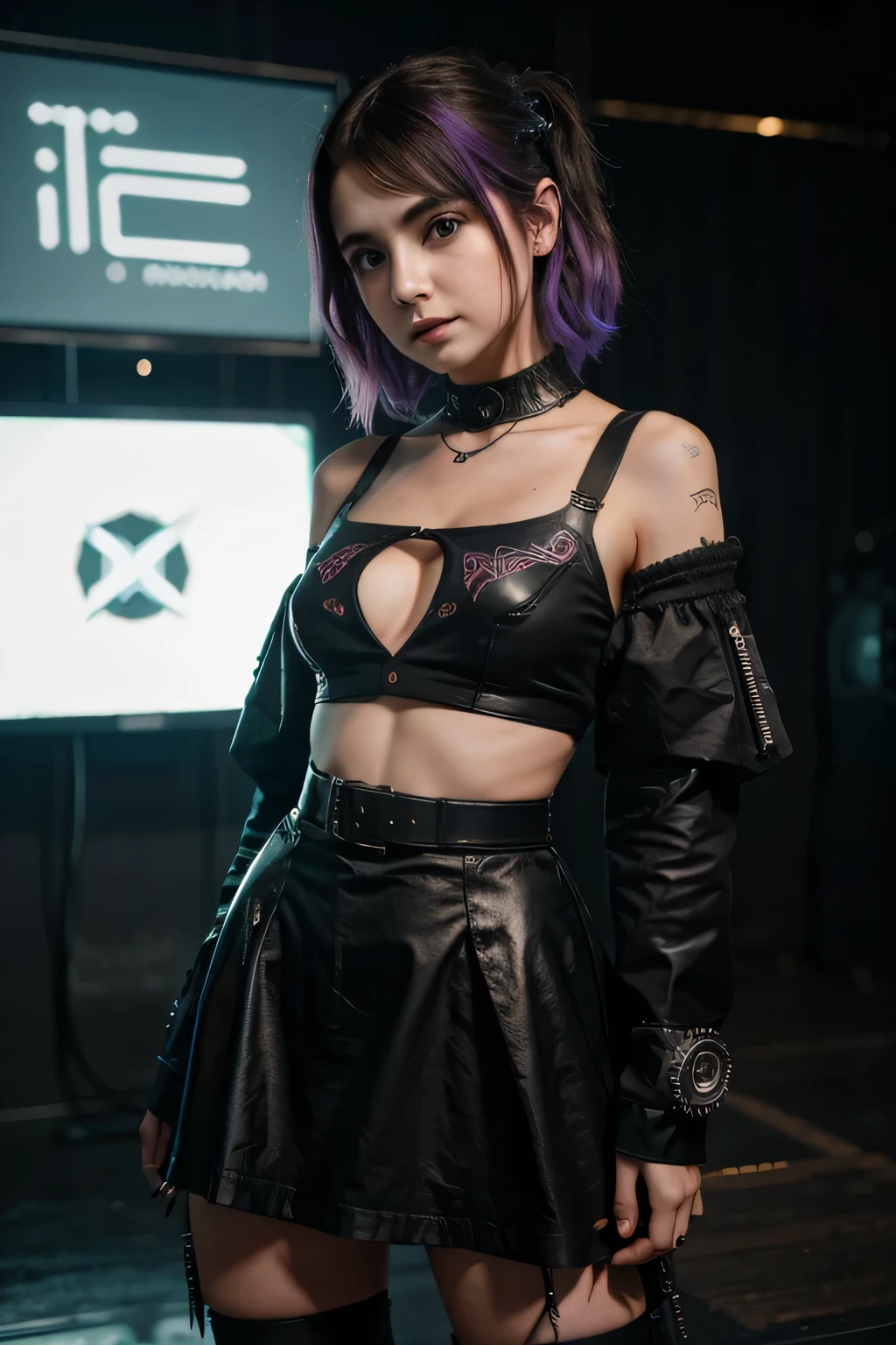((Mckenna Grace)) con falda y camisa con el pelo puntiagudo., arte cyberpunk inspirado en Ayami Kojima, tendencia en CGSociety, gothic art, vestido con ropa punk, vestido con ropa crustpunk, wearing a traje punk, traje punk, vistiendo ropa punk, cyberpunk 2 0 years. o model girl, traje estilo cyberpunk, cybertraje punk