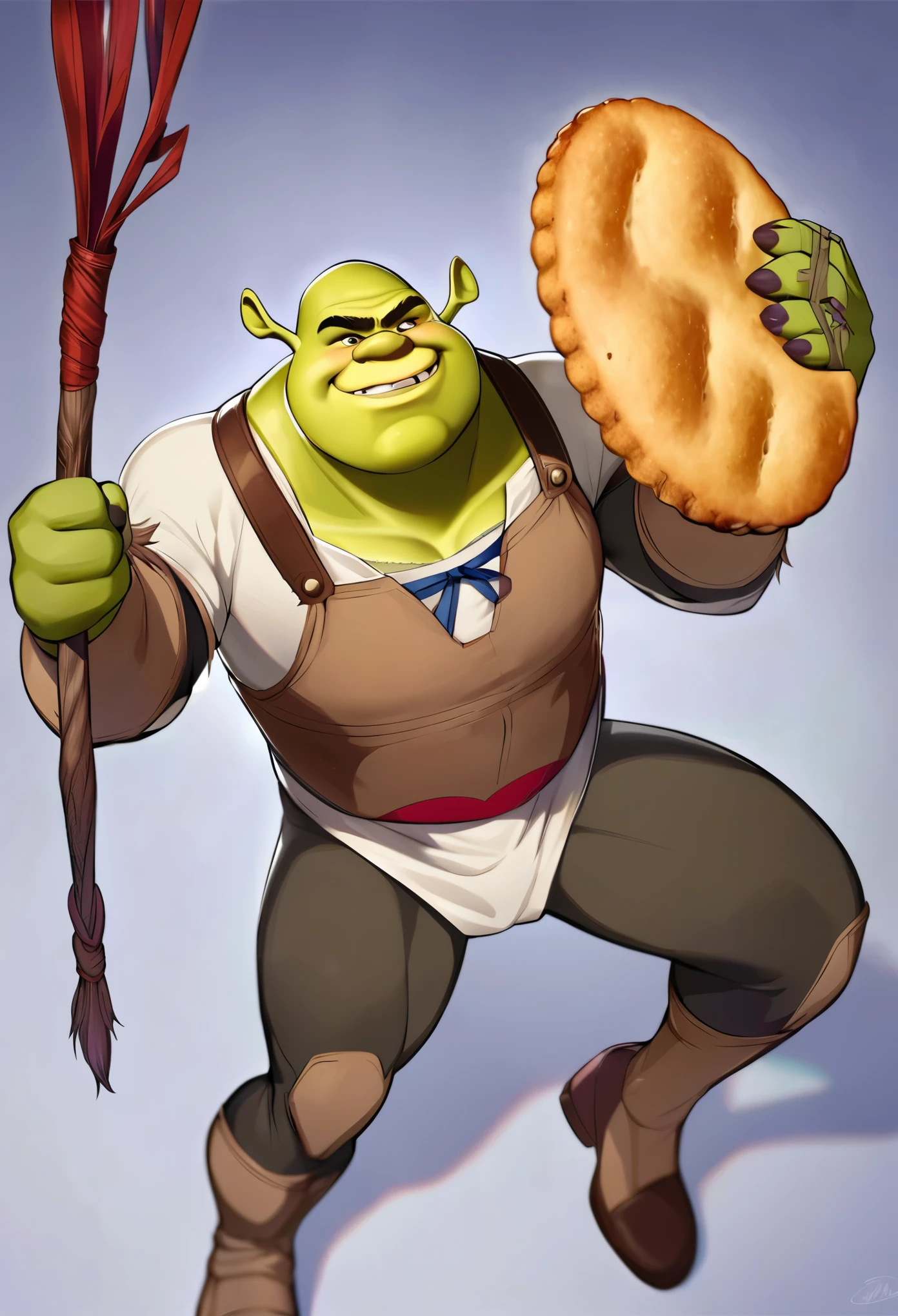 Crea una imagen tipo anime con jengibre la galletita de Shrek vestida de spider-man