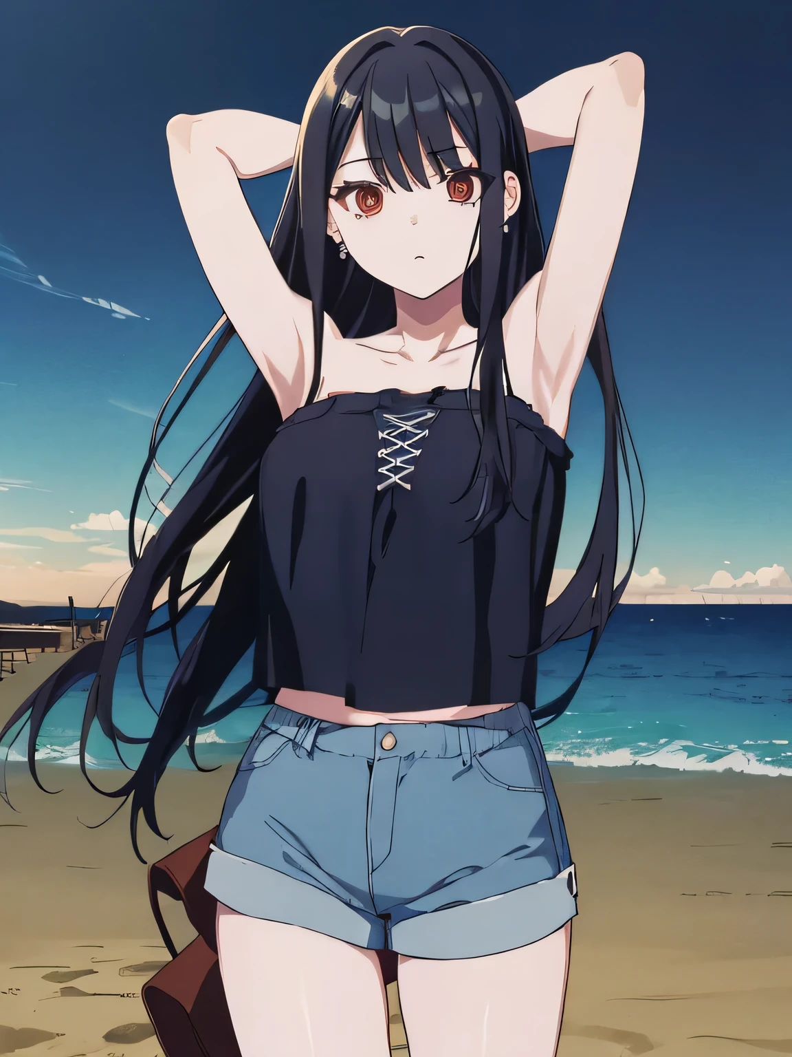 ,(masterpiece), (best quality), (ultra-detailed), (best illustration), (best shadow), (absurdres), 1girl, solo, Chihara, 1girl, solo, black hair, shorts, long hair, looking at viewer, black shorts, arms behind head, contrapposto, spread armpit, camisole, red eyes, breasts, earrings, short shorts, (cowboy shot:1.5), beach, night sky,