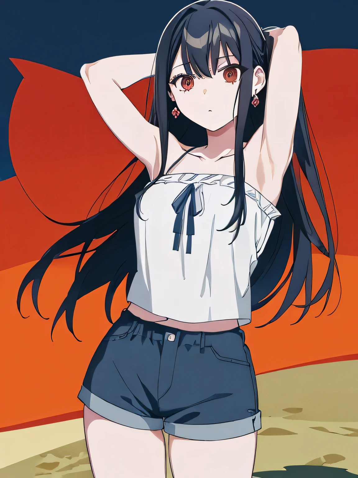 ,(masterpiece), (best quality), (ultra-detailed), (best illustration), (best shadow), (absurdres), 1girl, solo, Chihara, 1girl, solo, black hair, shorts, long hair, looking at viewer, black shorts, arms behind head, contrapposto, spread armpit, camisole, red eyes, breasts, earrings, short shorts, (cowboy shot:1.5), beach, night sky,