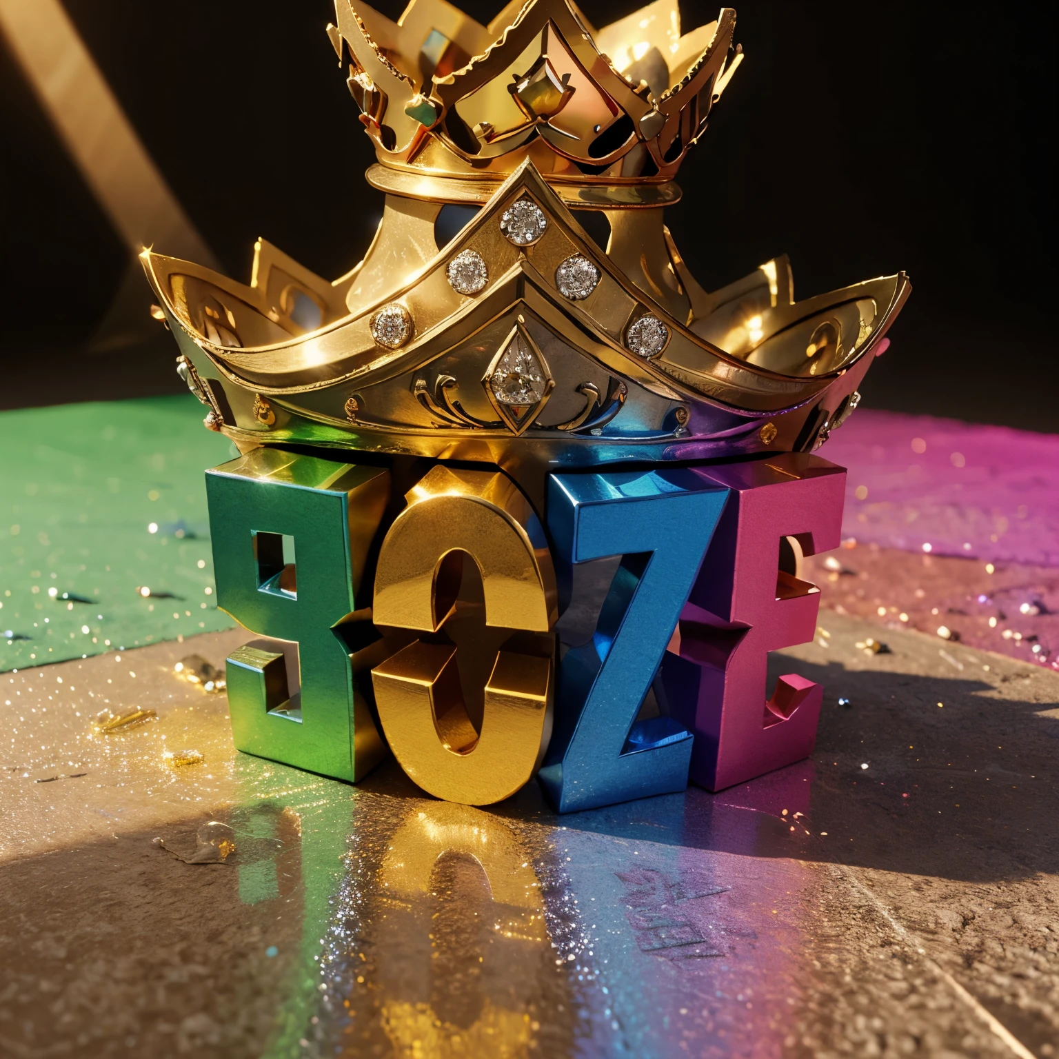 3D, representation and colorful splash of color, metallic text with 'text/name "Aham" written in diamond. Include mank and diamonds, crowning the letter L