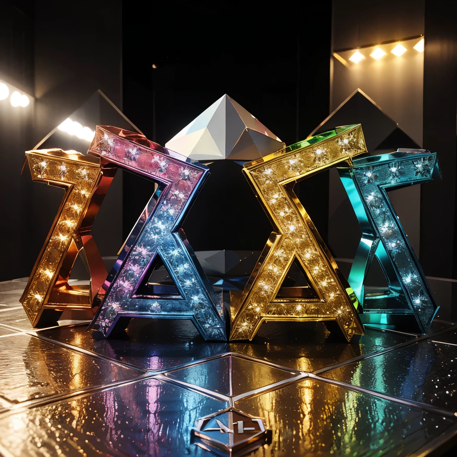 3D, representation and colorful splash of color, metallic text with 'text/name "Aham" written in diamond. Include mank and diamonds, crowning the letter L