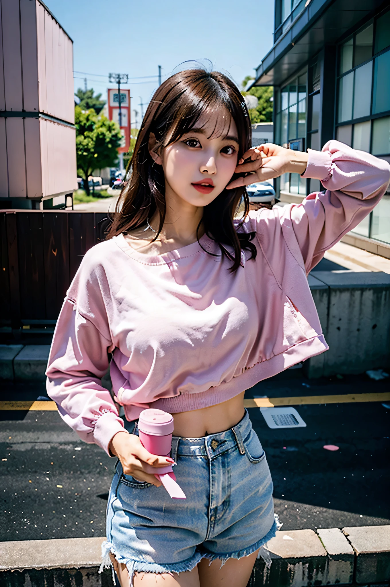 Arabian woman wearing pink shorts and white shirt taking a photo, Korean Girls, Takano Aya color style, Anime Thai Girl, y 2 k cutecore crowncore, 2 4-year-old female model, Ulzzang, Japan in the 1990s, Belle Delphine, Pink Girl, Retro 90s Japanese, 1 8 is, Cute Sportswear