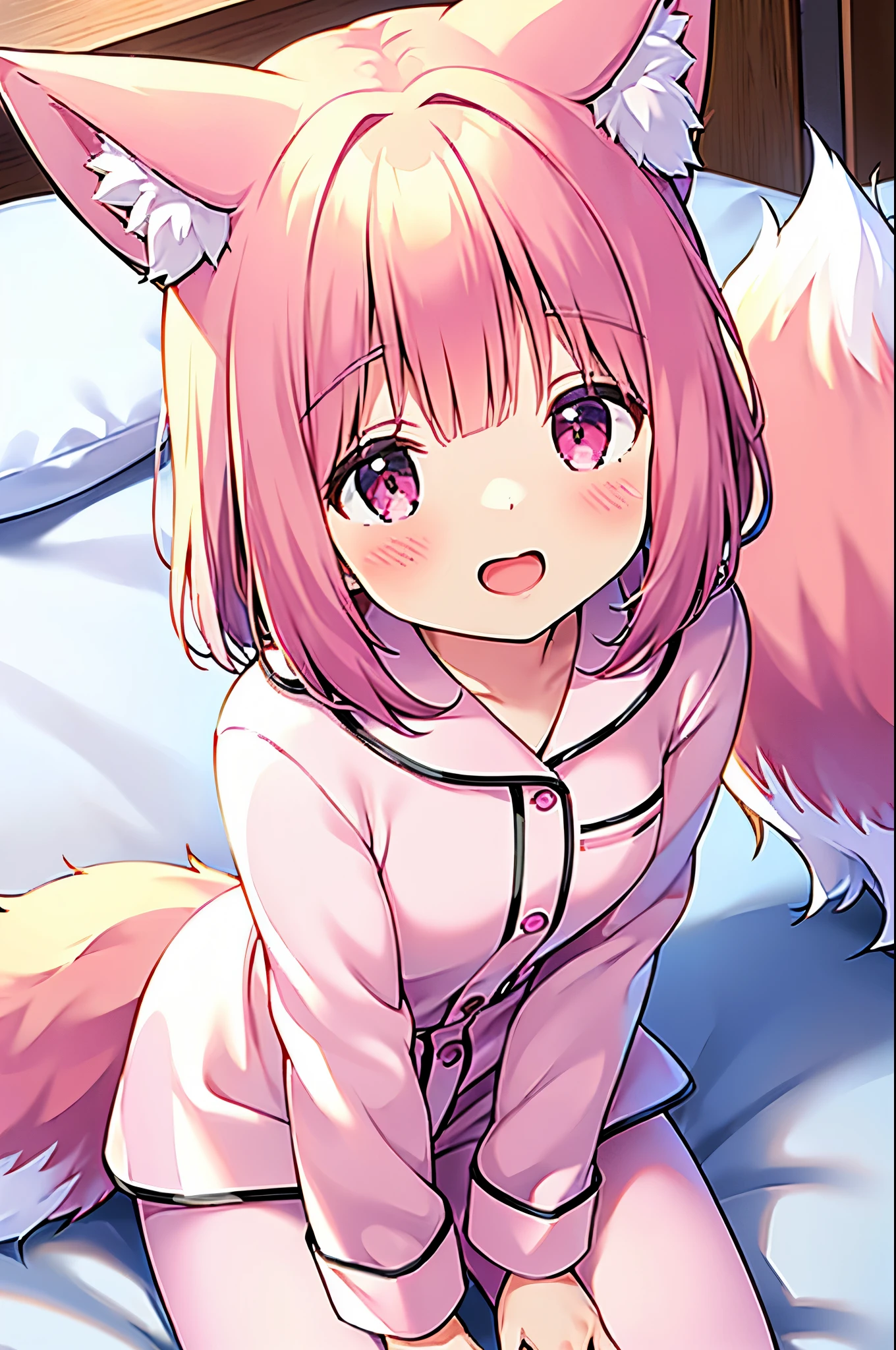 (((masterpiece))), (((最high quality))), (((high quality))), (((beautiful))), (((8K))), (((High resolution)) (((超High resolution))), (((High resolution))), (((Transcendent Technique Illustration))), (Pink Short Hair:1.3), (Pink fox tail:1.4), (Pink fox tail:1.2), Pink fox ears with white tips, (Pink Eyes), Small breasts, (Cowboy Shot:1.3), (laughing:1.3), (bedroom), (Pink long sleeve pajamas:1.2), (Long pants in pajamas:1.2), (Sitting on a white bed:1.3), (look up:1.4), (Leaning forward:1.5)