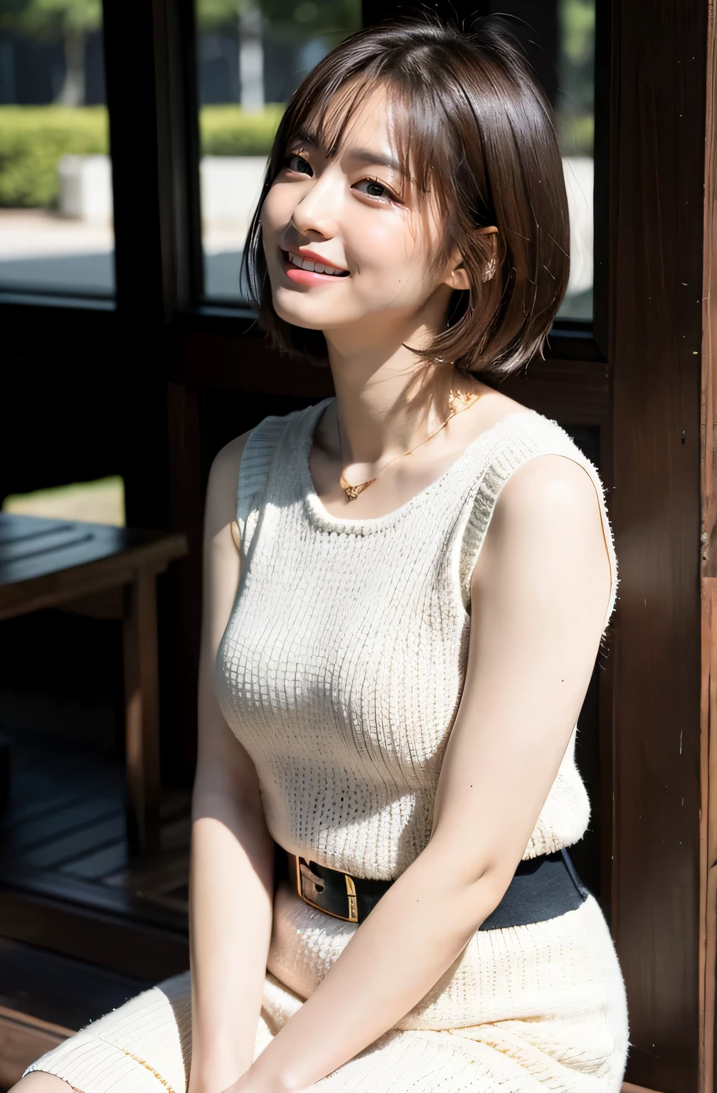 ((8k:1.27)、highest quality、masterpiece、超A high resolution:1.2)Photo Beautiful Japan woman(Comfortable:1.1) (shirt:1.21) grace、good、Gradient lighting、One Girl、Delicate skin、Look at this、Brown eyes、(Short hair with bangs:1.2)、(Large breasts:1.0)、(middle breast wheel:0.8)、(Realistic:1.4)、(highest quality:1.0)、(超A high resolution:1.0)、8k、stand、Stand upright、Raw photo、(masterpiece:0.2)、(Purelos Face_v1:0.5)、 Solid Round Neck Knit Top、Sheath Sloop Skirt、No sleeve、necklace、Kamimei、date、Excited expression、Red cheeks、What can I do for you?、Staring at this、theme、Tilt、Firm Cheeks、Look at this、smile、Futomo、Sandals、Beautiful thighs、A little chubby、Beautiful thighs、Angle from the front、Composition looking up from a little below..、Stand up straight in front of the camera、Ginza City、street tree、evening、Western sun、