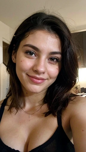 Mujer latina, de pelo largo y negro, de tetas muy grandes, 23 years old, Ella se toma una selfie de su cara, leve sonrisa, escote, ((mano en la cara)).
