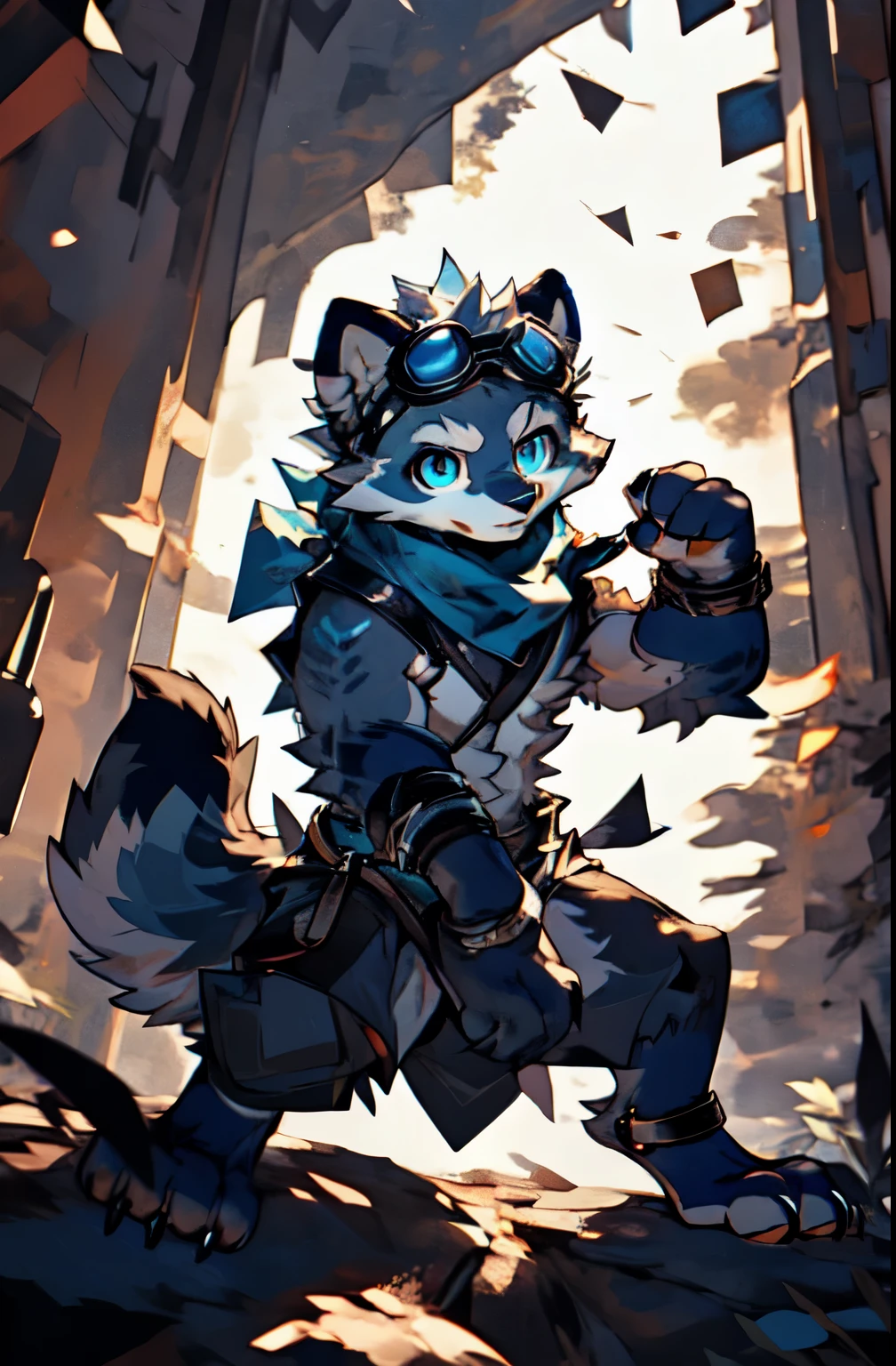 top quality, soft color, Vintage images, highres, High-quality illustrations, unparalleled masterpiece(movie of life)(furry anthro:1.7)absurd resolution (highly detailed beautiful face and eyes)perfect anatomy, expression, caustics, dynamic lighting, lens flare, deep shadow, dynamic angle, Solo, furry, teencoon, grey body, long brown spiked ponytail, Detailed body fur, long blue scarf, leather_harness, black_loincloth, goggles, masterpiece, gray body, Detailed face, big eyebrows, blue eyes, detailed eyes, No muscles, Detailed hands, Flat body, Skinny, Detailed paws, metal cuffs on wrists, metal cuffs on ankles, no shirt, no underwear, action