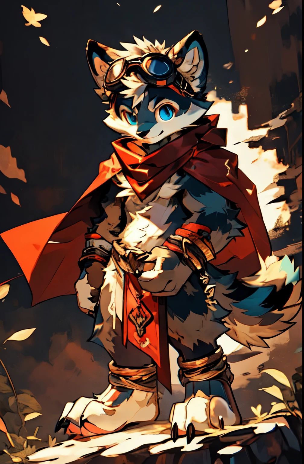 top quality, soft color, Vintage images, highres, paid reward available, High-quality illustrations, unparalleled masterpiece, (furry anthro:1.7)absurdres(highly detailed beautiful face and eyes)perfect anatomy, expression, caustics, dynamic lighting, lens flare, deep shadow, dynamic angle, masterpiece, high quality, hi res, solo, Furry, teenccoon, spiked brown hair only on head, red scarf, blue eyes, goggles, chain harness, Black loincloth, red cape, masterpiece, detail body, fur all over body, detailed face, detailed eyes, detailed hands, Skinny, claws, high resolution, metal cuffs on wrists, metal cuffs on ankles, no shirt, no underwear, action